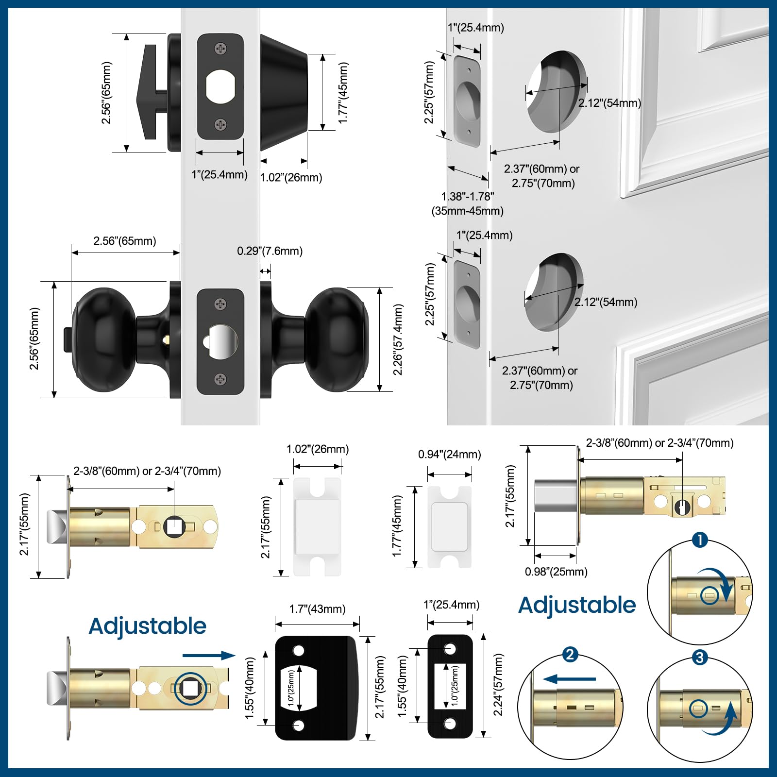 AEEKEL Pomo de puerta exterior con cerradura y llave, paquete de 3 pomos de puerta de entrada con llave igual para juego de cerradura de puerta delantera, perilla exterior negra mate y juego de