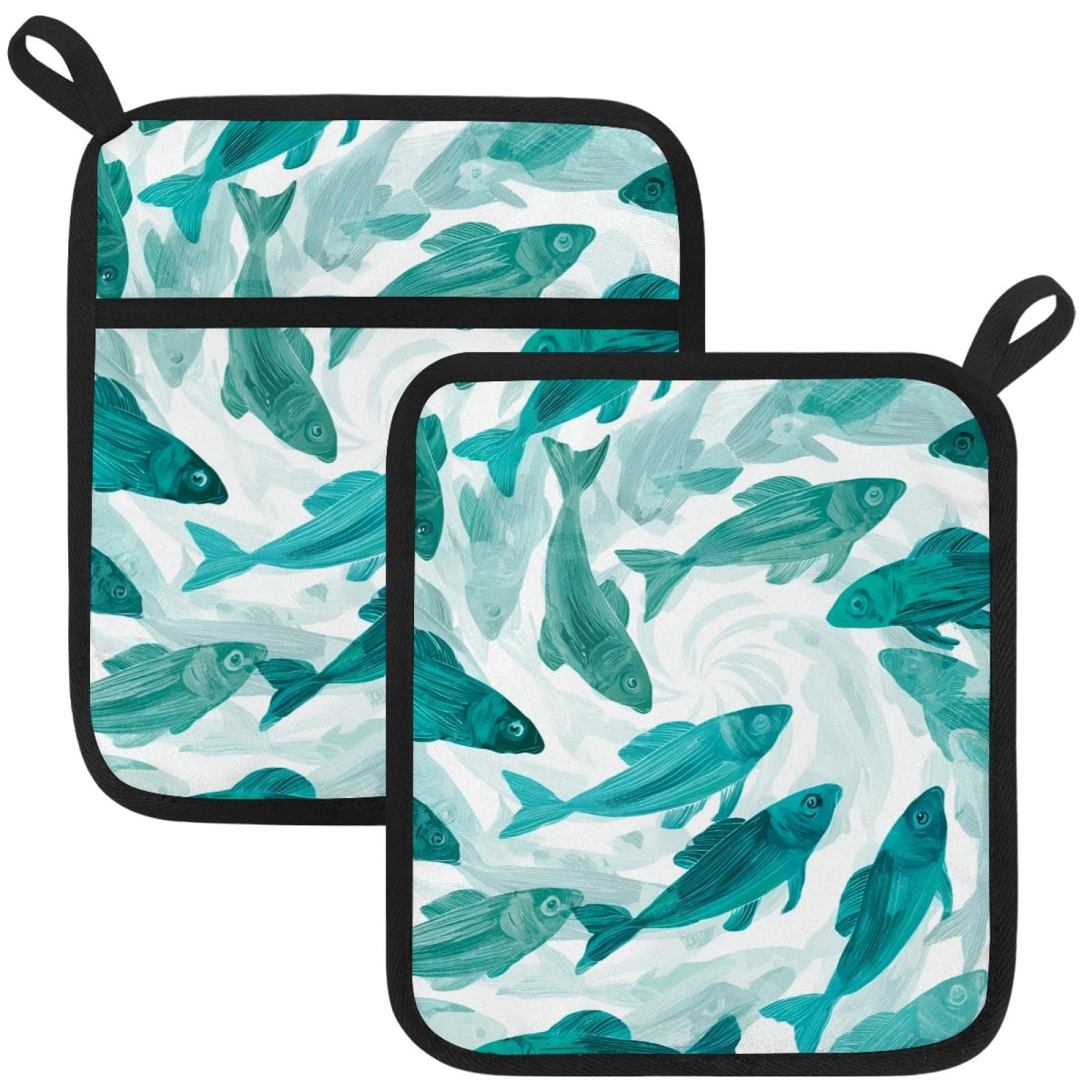 VAPOKF Fish Pot Holders with Pocket for Kitchen Heat Resistant Potholders Large Polyester-Cotton Square Oven Mitts Set
