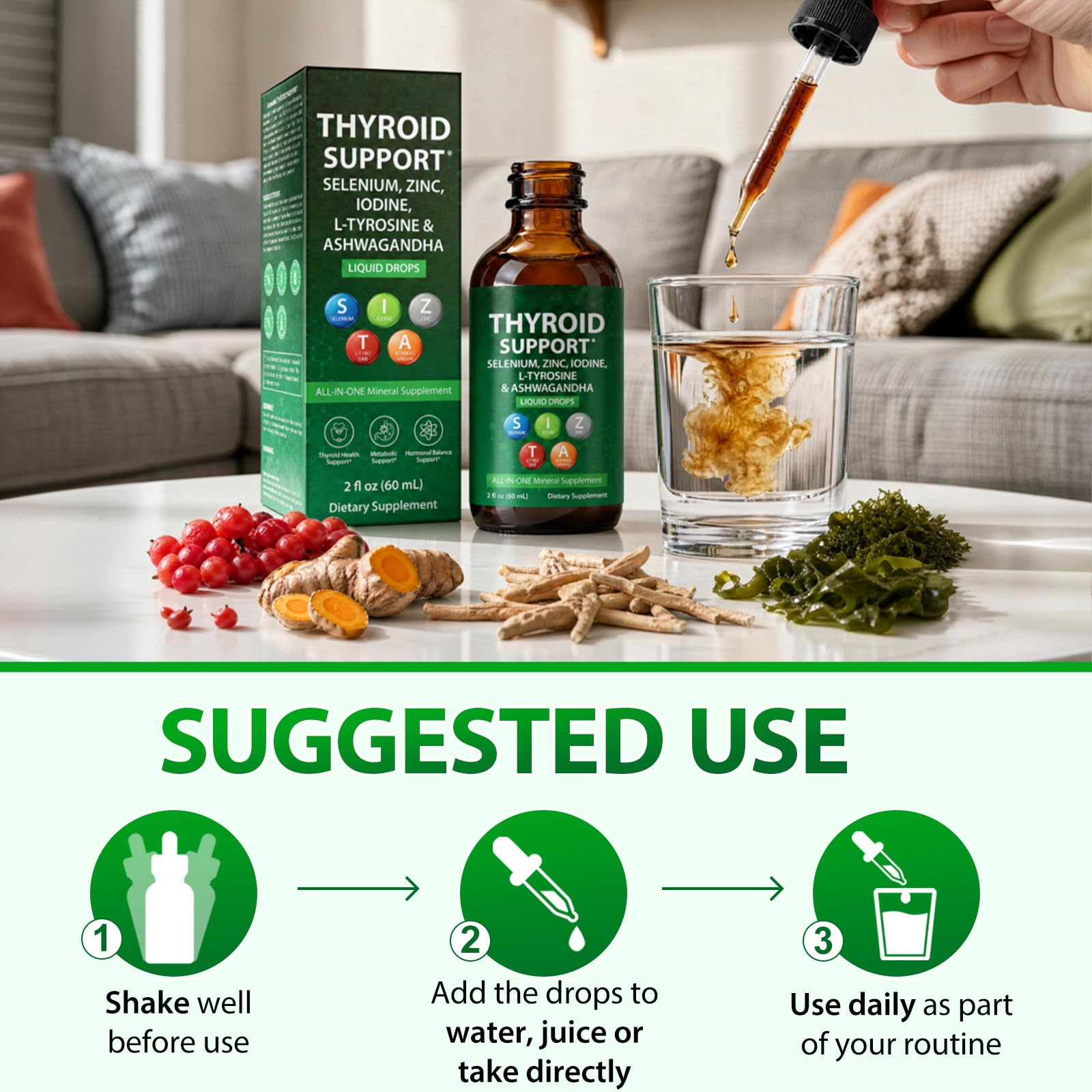 Thyroid Support Liquid Drops, High Absorption with Iodine, Selenium, Zinc, Ashwagandha & L-Tyrosine, Natural Ingredients for Men & Women, 2 Fl Oz — Amazon image 6