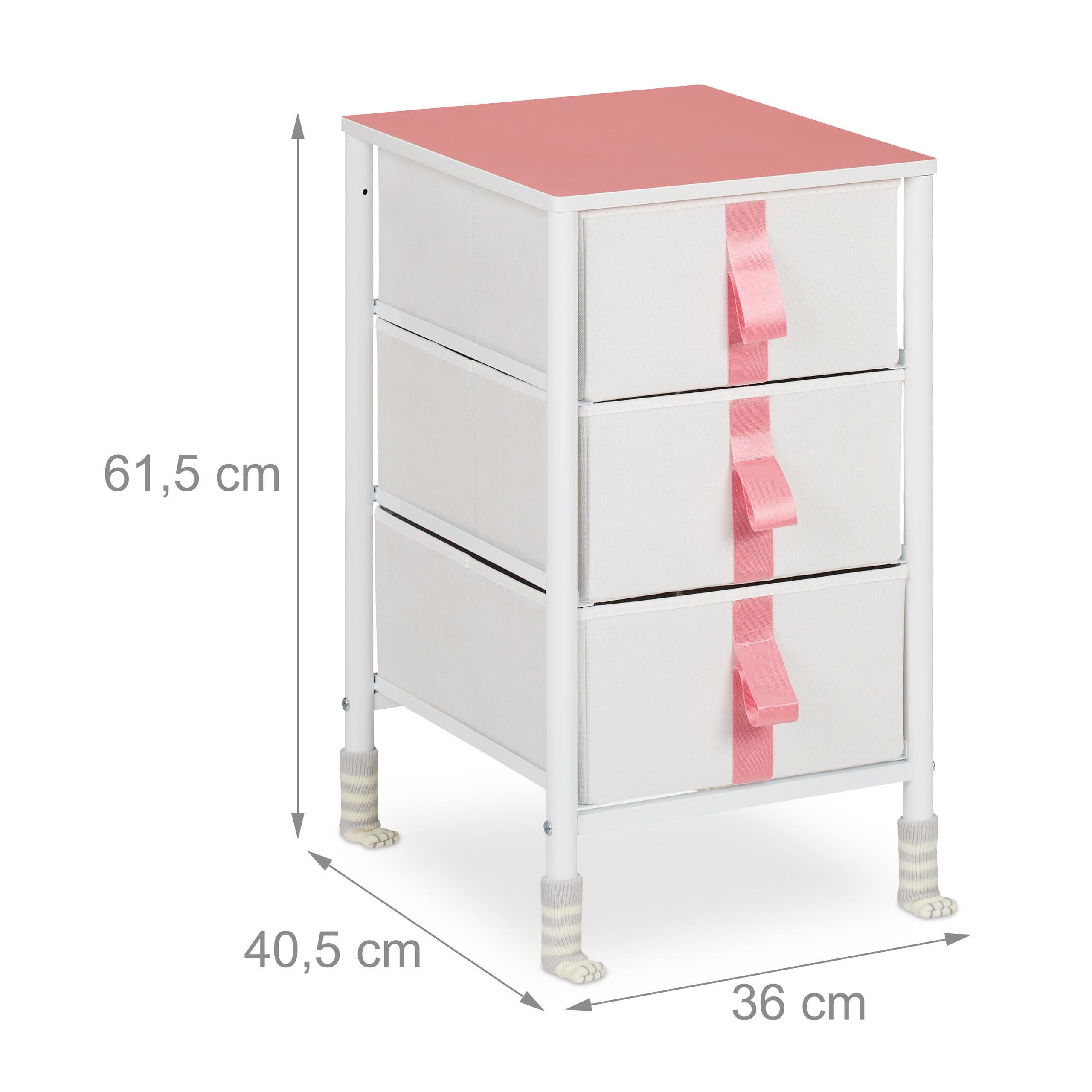 Relaxdays Meuble de Rangement pour Enfants, 3 tiroirs, Commode, env. 61,5 x 36 x 40,5 cm, Tissu et métal, Blanc/Rose
