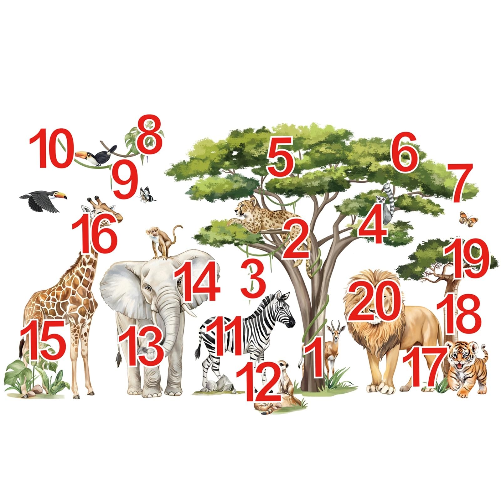 Adesivi Murali Giungla Con Elefante, Giraffa, Leone – Poster Adesivo Per Cameretta Bambini – Rimovibile E Autoadesivo 92x37 Cm