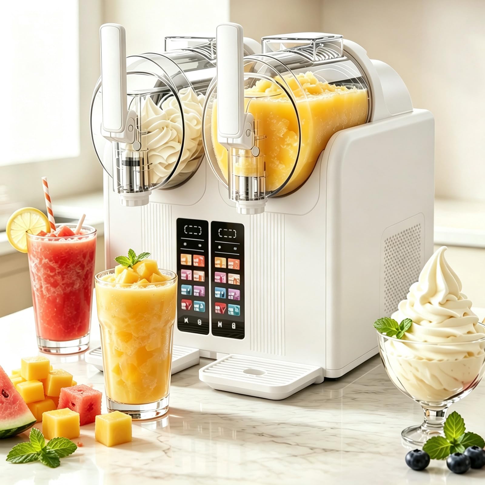 Soft Serve Ice Cream Machine & Slushy Maker, 7 Presets, 2l Dual Tank White