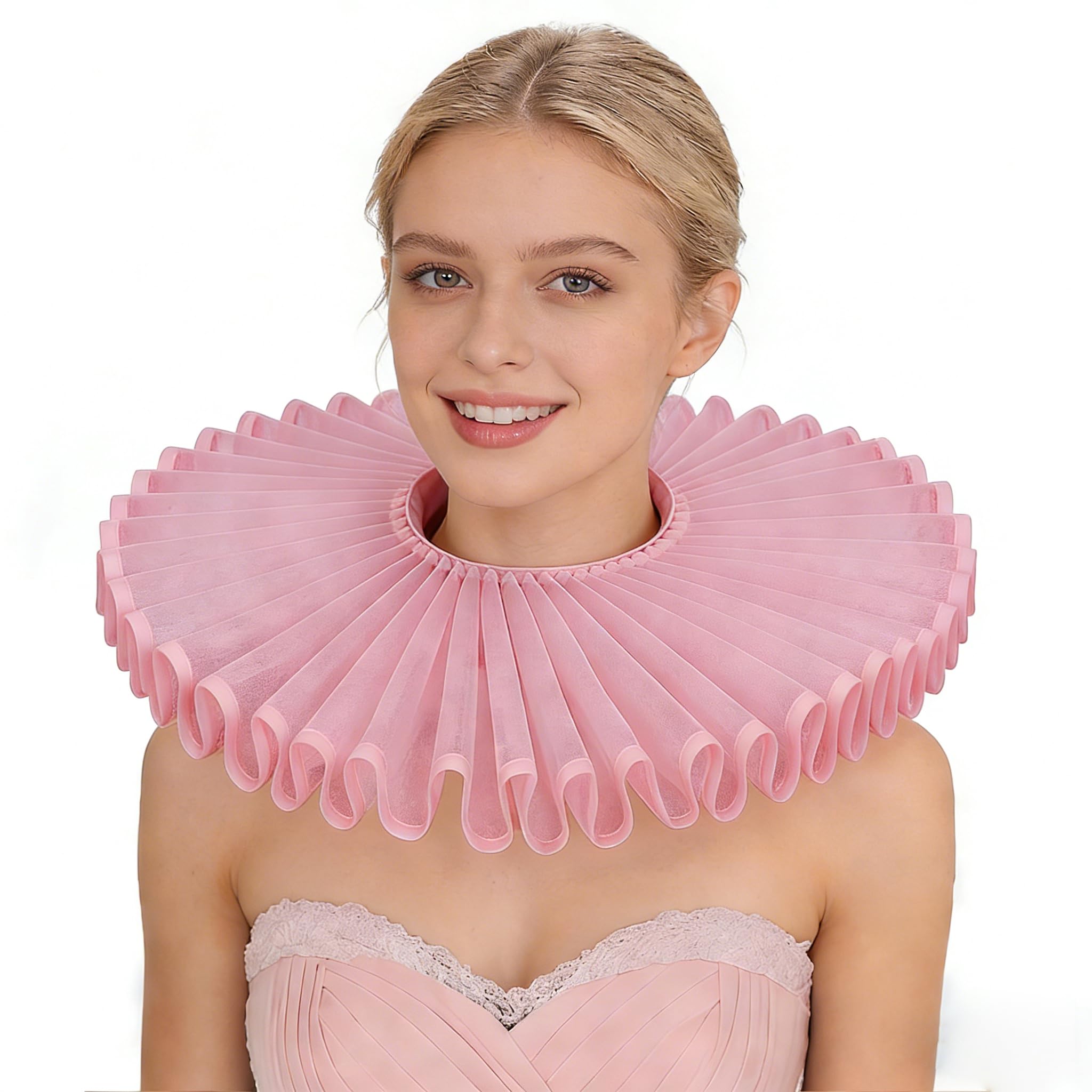 Tanganan Victorian Retro Mesh Neck Ruff Ruffle Collar Layered Clown Neck Collar Clown Choker for Halloween Fancy Dress Cosplay Costume (pink) โ image 1