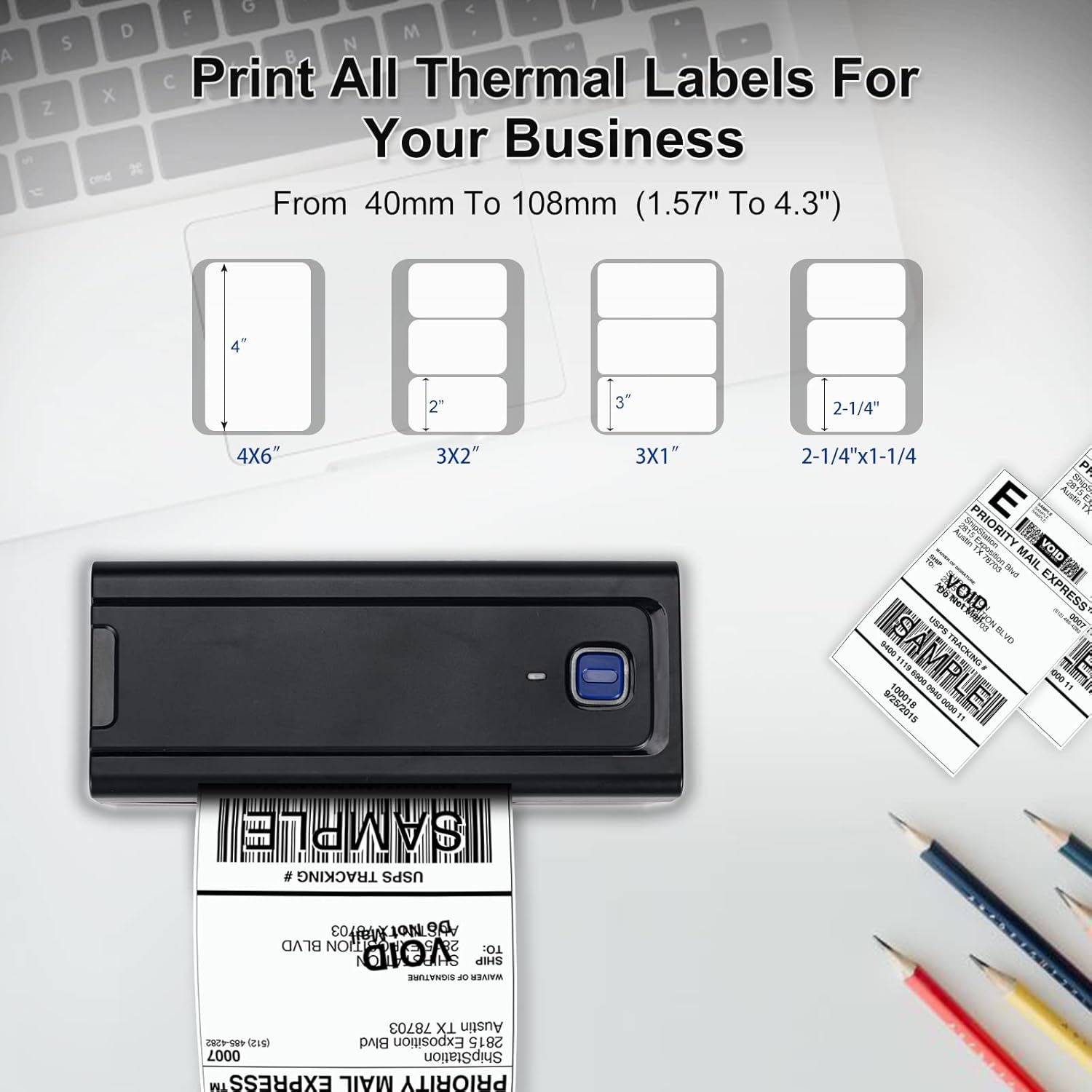 Examples of various thermal label sizes supported by the BEEPRT BY-480BT printer, from 4x6 inches to smaller sizes.