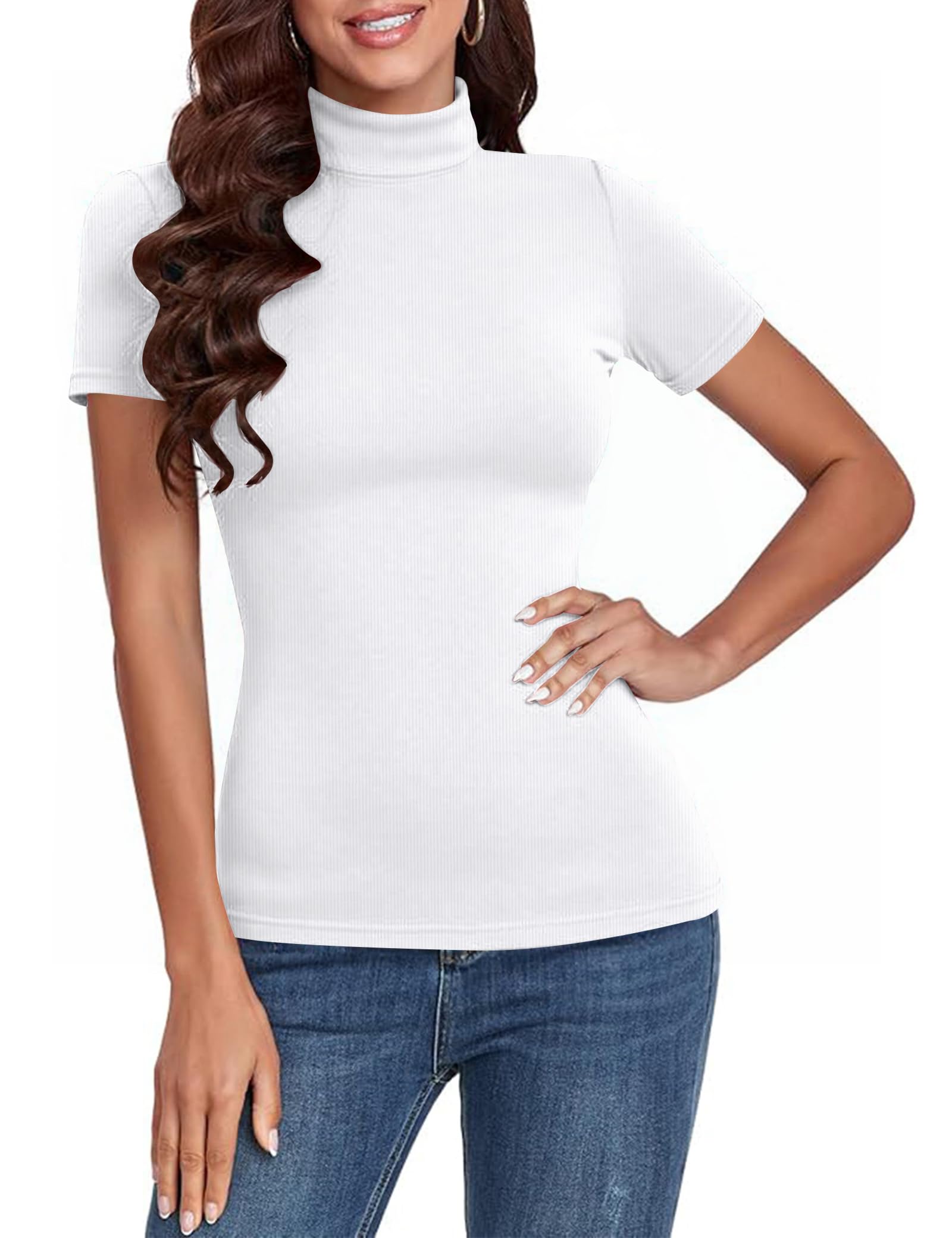 Totatuit Damen T-Shirt Kurzarm Gerippt Slim Fit Oberteile Elegant Basic Sommer Casual Stretch Tshirt mit Stehkragen Rollkragenshirt Tops