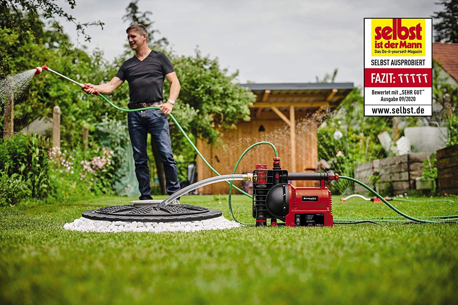 Einhell Bomba de riego automática GE-AW 1042 FS (1050 W, indicadores de nivel de agua/sucidad/succión, protección al vacío, protección térmica o contra quemaduras), rojo/negra