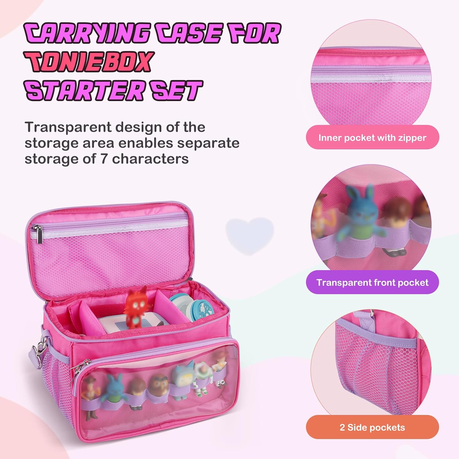 Sun3drucker Carrying Case for Toniebox 2/1,Carrying Travel Bag for Toniebox Starter Set and Tonie Figures, Toniebox 2 Audio Player Bundle Portable Storage Bag (Rose)