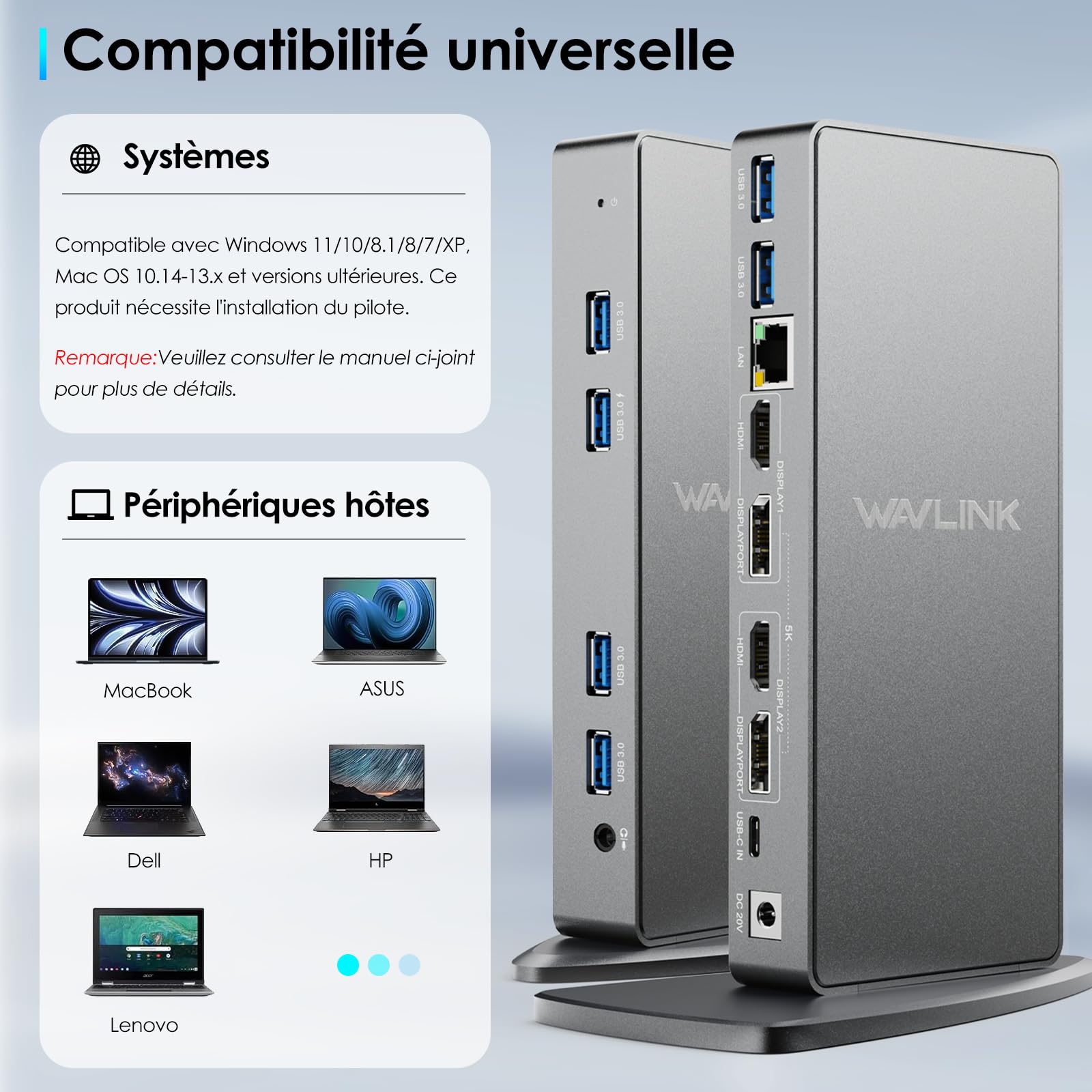WAVLINK Station d'accueil Displaylink, Station d'accueil Universelle USB C avec 2 × HDMI & DP, Ethernet Gigabit, 6 × USB 3.0, Audio, Microphone, Compatible avec Mac OS et Windows