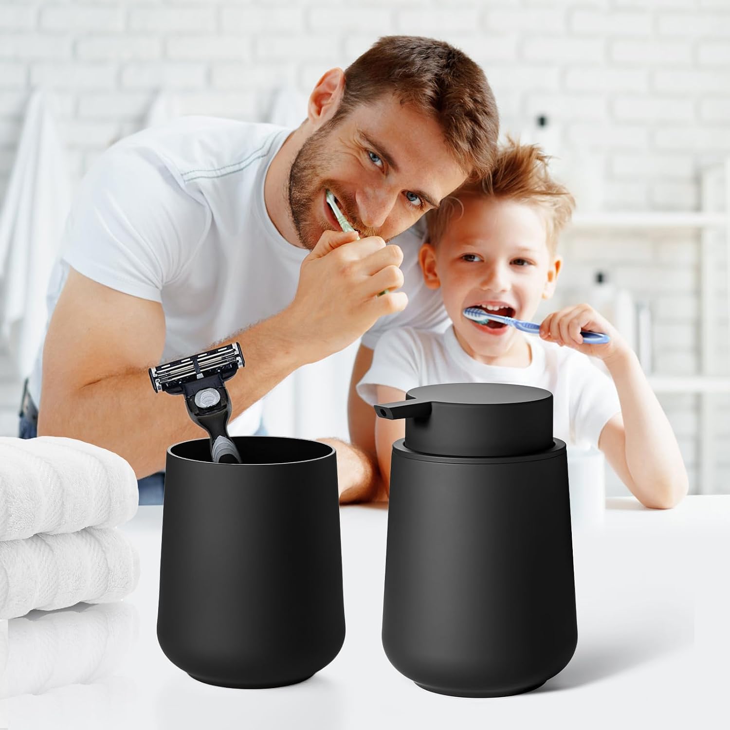 Matte Black Bathroom Accessories Set | Plastic Hand Soap Dispenser and Toothbrush Holders 2 Piece