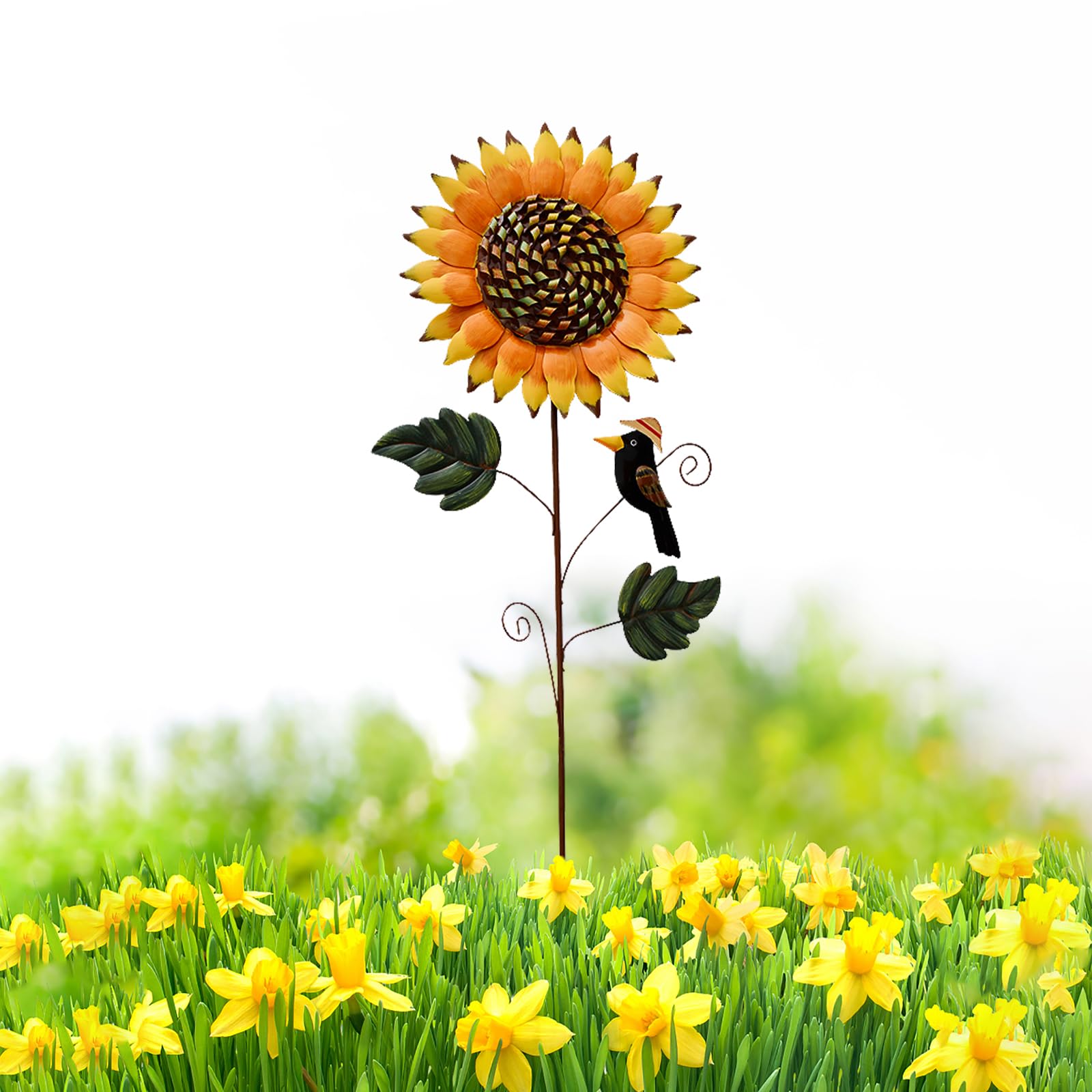 Piquets de jardin en métal - Panneau décoratif en forme de tournesol - Décoration pour pelouse, terrasse, allée, décoration intérieure et extérieure (85,1 cm de hauteur)
