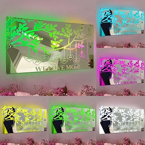 Espejo de árbol genealógico con nombre personalizado, luz LED, letreros de neón personalizados con luces LED, cumpleaños, boda, fiesta, letrero con