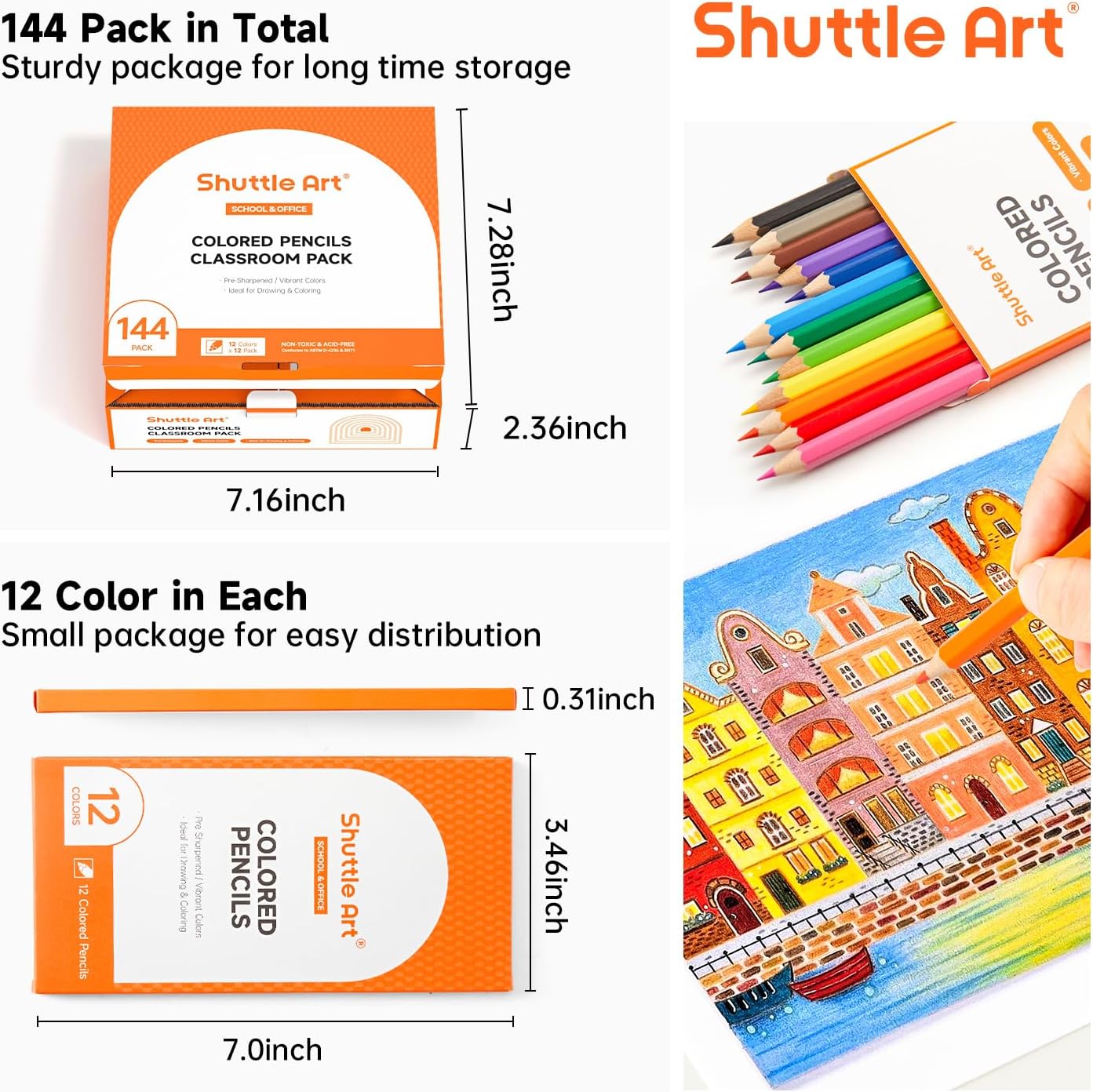 Shuttle Art 144 PCS Colored Pencils Bulk, 12 Assorted Colors, Pack of 12, Break-Resistant, Pre-sharpened Colored Pencils for Kids, Bulk Pack School Supplies for Teachers & Students image 3