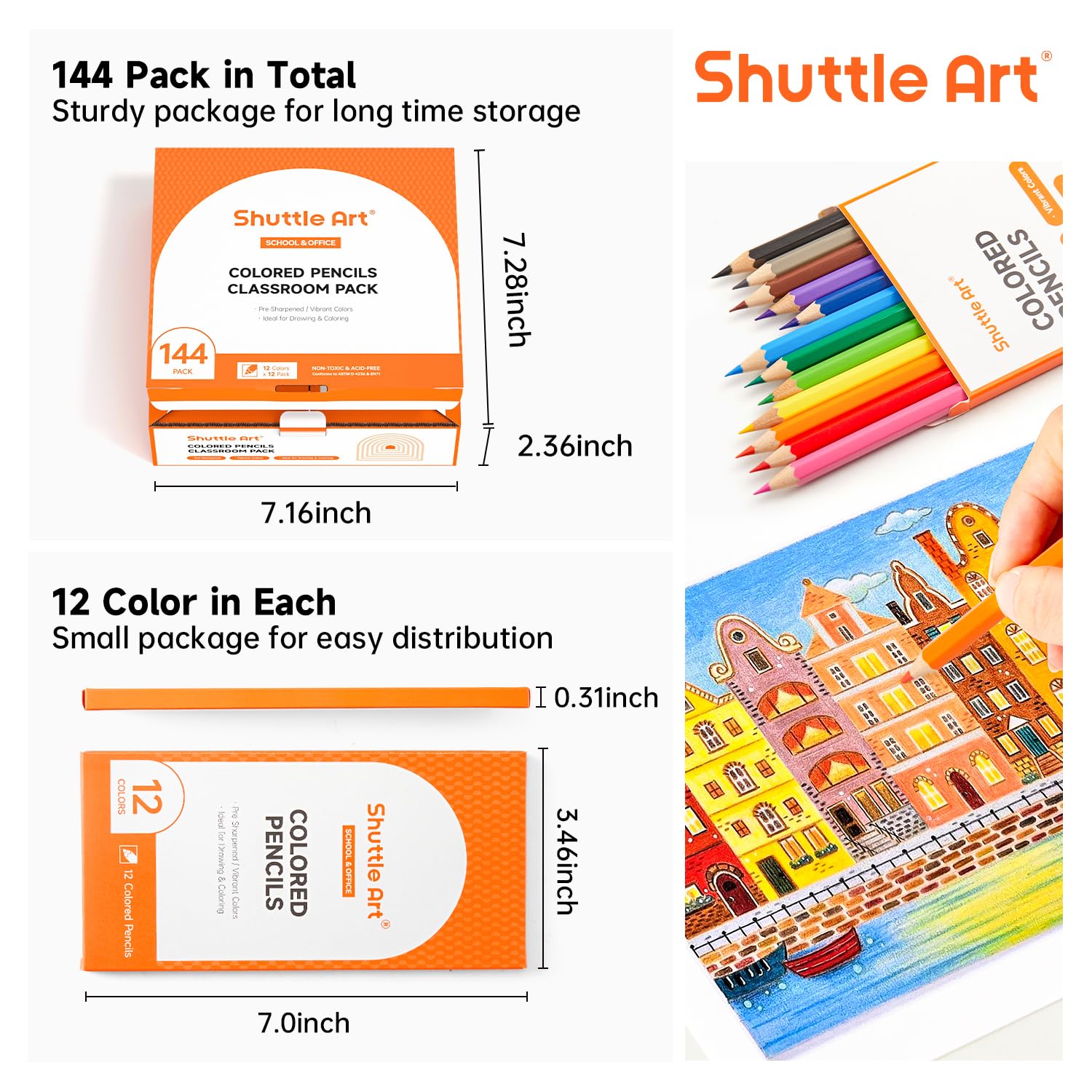 Shuttle Art Buntstifte Set, 144 Buntstifte Kinder, Farbstifte mit 12 Lebendigen Farben, 12er Packungen Holzstifte, Großpackung Buntstifte für Kinder, Schule und Weihnachten, Buntstifte schule 1 klasse