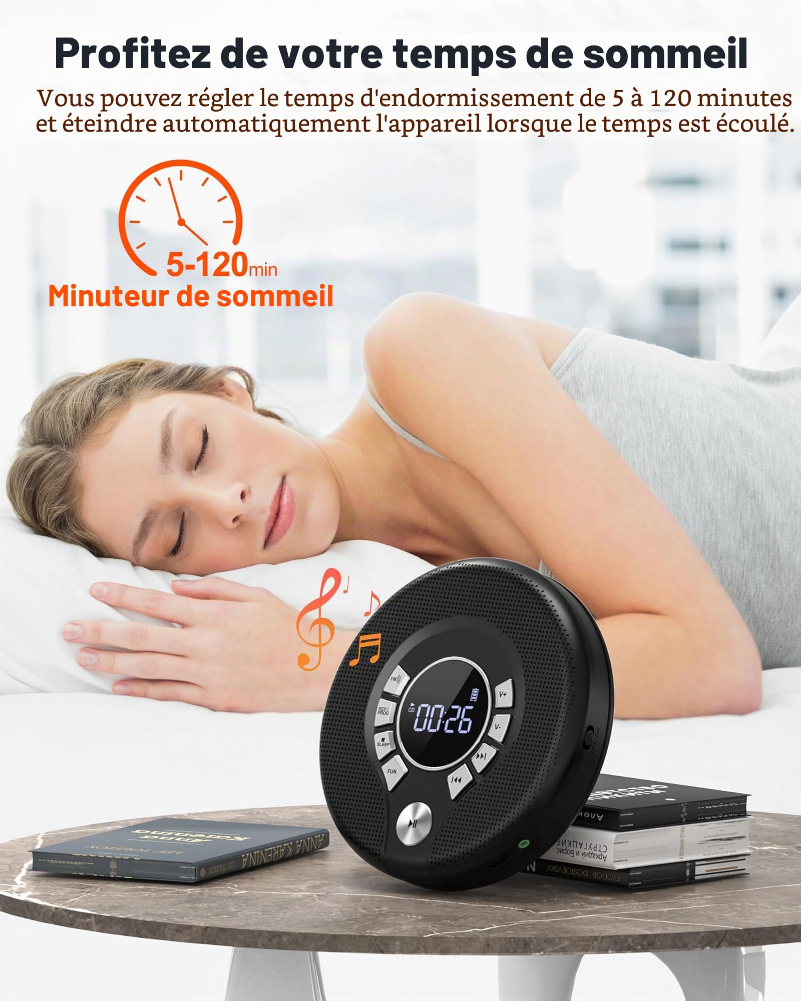 Lecteur CD Portable Greadio avec écouteurs, Lecteur CD Discman avec Fonction Anti-Saut/résistant aux Chocs et Batterie Rechargeable de 2000 mAh, émetteur FM Compatible, Port USB, Sortie AUX