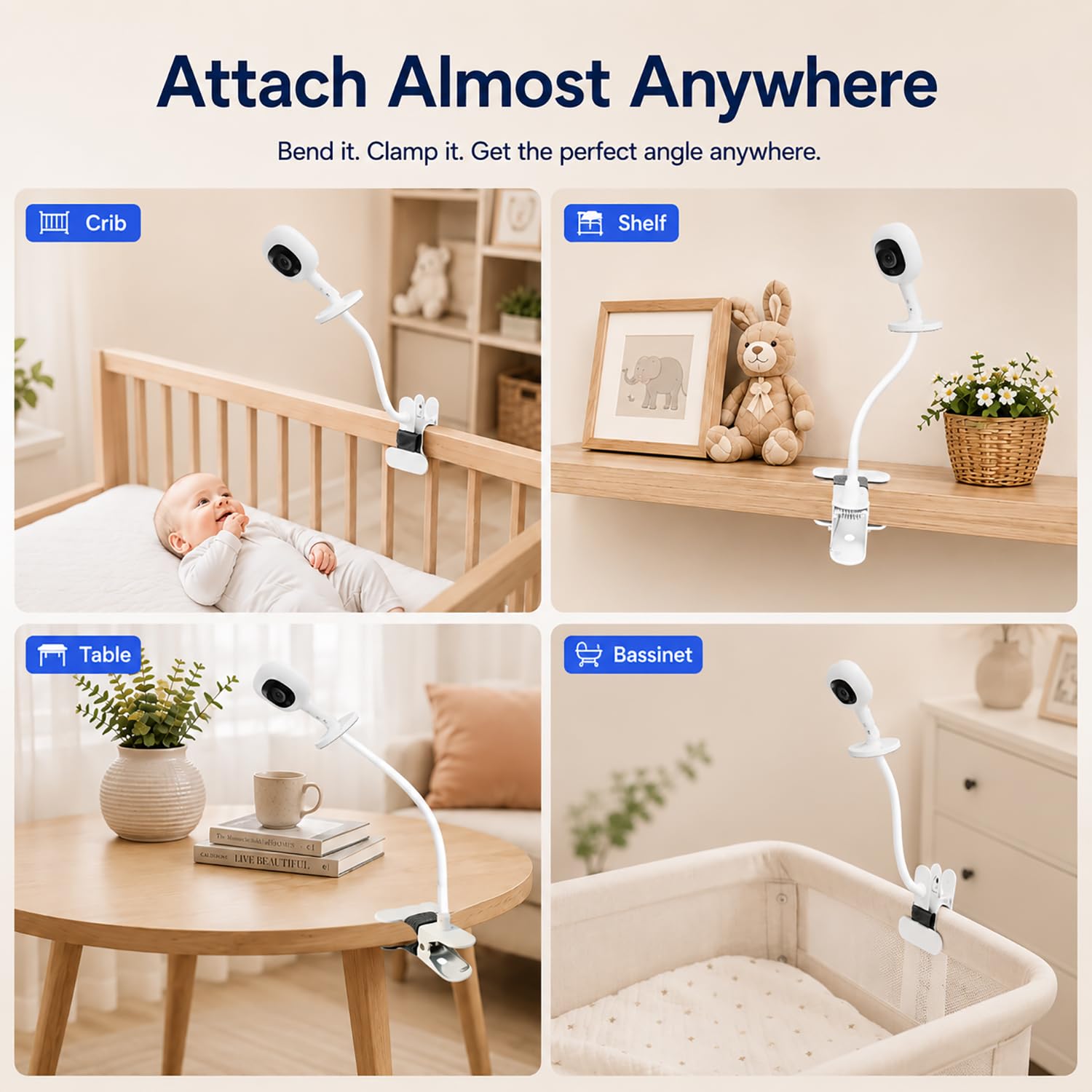 Uchwyt do elektronicznej niani Nanit Pro Smart Baby Monitor i Flex Stand, również do aparatów z mocowaniem śrubowym 1/4, elastyczny, długi uchwyt na aparat dla niemowląt, bez narzędzi