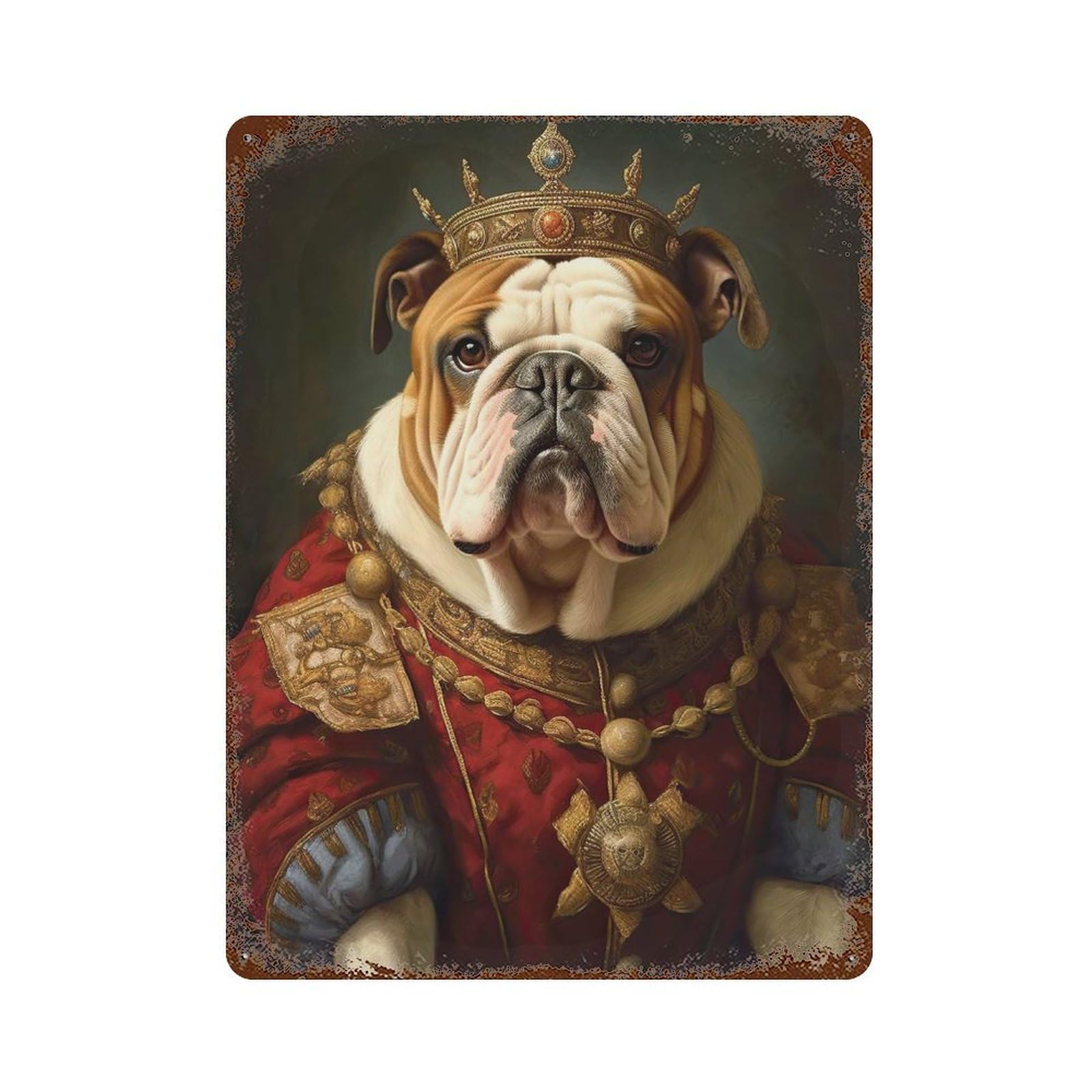 Rust Effect English Bulldog The King Weathered Tin Sign 15.7"x11.8", Shabby Chic Decor for Cafe, Home Bar And Lounge Decor