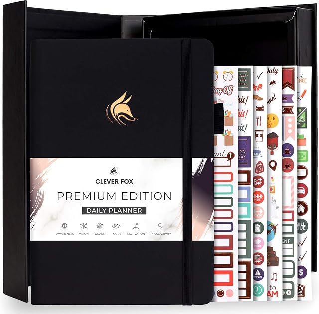 Clever Fox Planner Daily Premium Edition  Luxurious Daily Planner with Hourly Schedule, Personal Organizer, Productivity & Goal Journal, Undated - Start Anytime, A5, Lasts 6 Months - Black