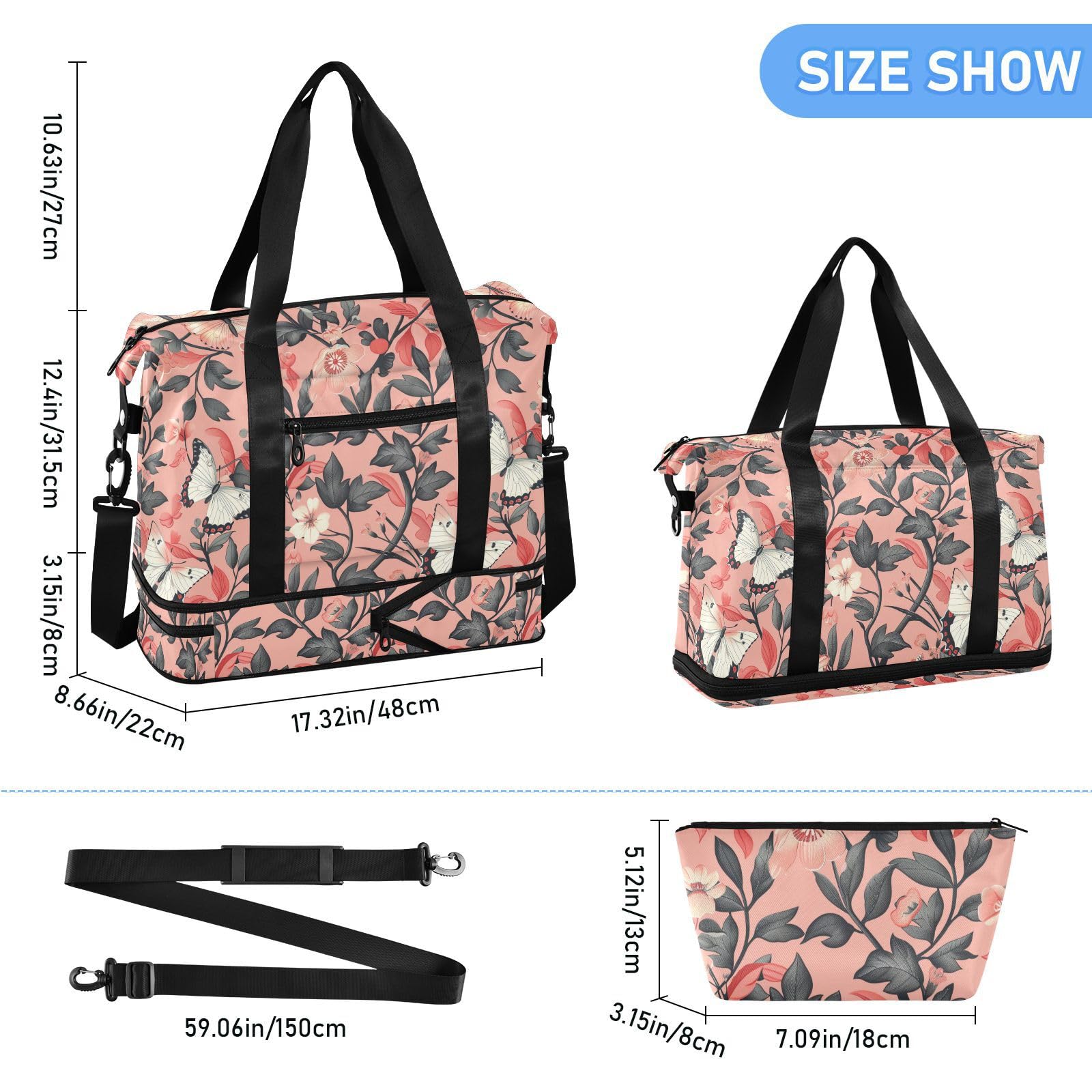 William Morris - Bolsa de fin de semana con bolsillo húmedo, correa ajustable, para deportes, gimnasio, viajes, plegable, para hombres y mujeres