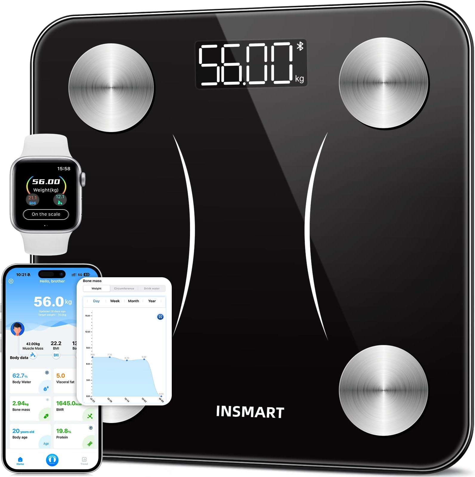 INSMART Bluetooth Body Fat Scales, Smart Digital Bathroom Weight Weighing Scales for Body Composition Analyzer with Smart APP, Body Composition Fitbit Scales for Fitness (ST/LB/KG) (Black)