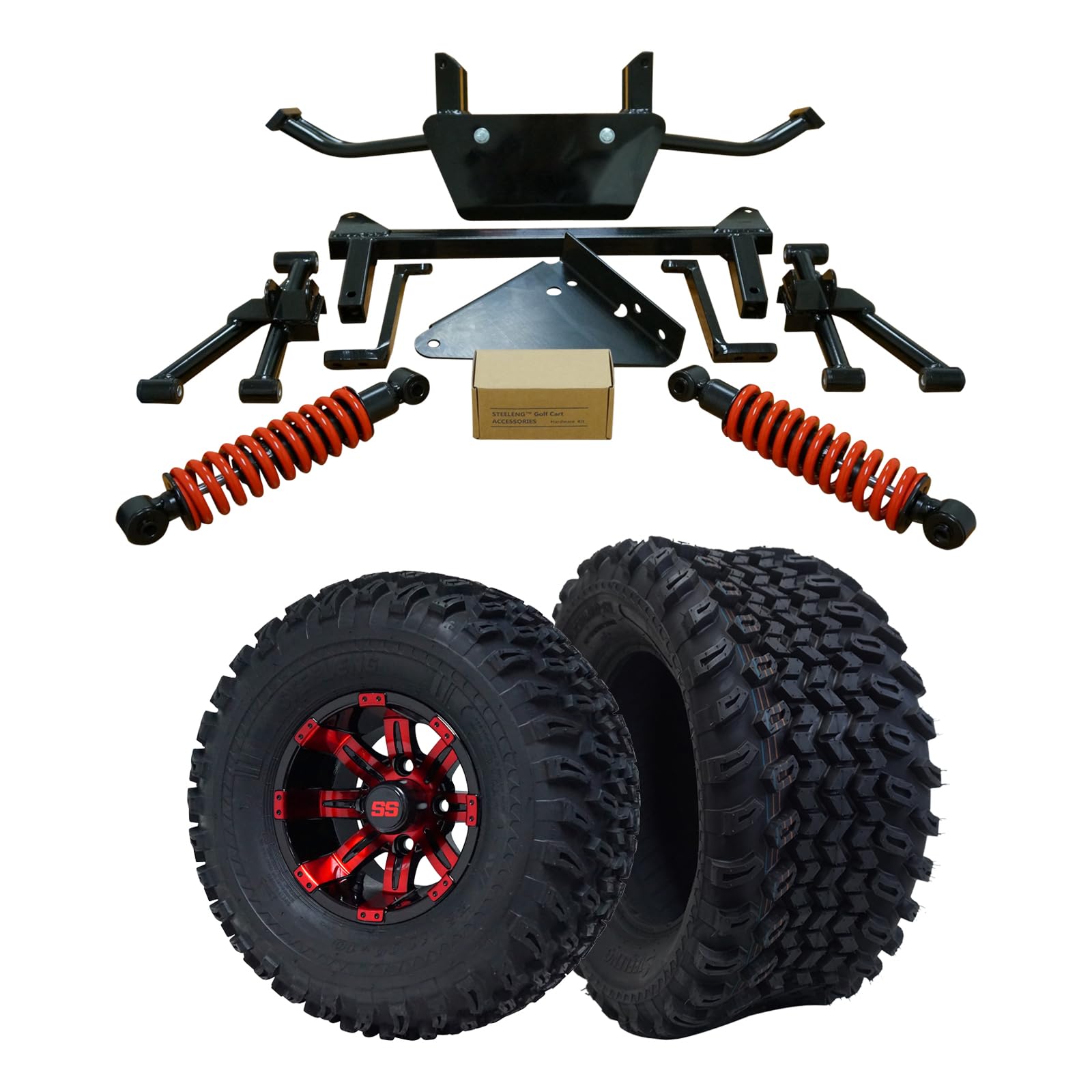 Hardcore Parts6" A-Arm Lift Kit for Yamaha Drive (G29) with Coil-Over Shocks, 10" Red/Black 'TEMPEST' Golf Cart Wheels and 22"x11"-10" DOT rated All-Terrain tires
