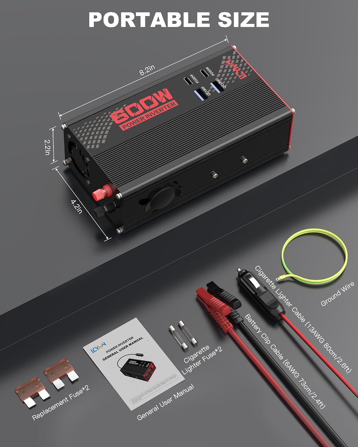Power Inverter DC 12V to 110V 120V AC, Car Inverter with 2 AC Outlets, 2 Fast Charge USB Ports, 2 Type-c Ports (12V 600W)