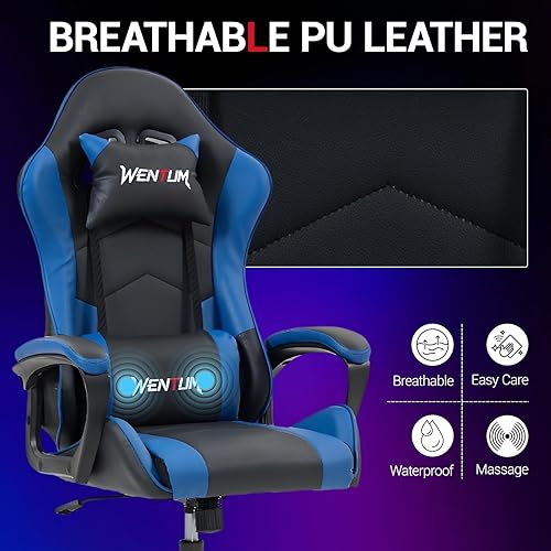 Miniatura 7 de Silla de videojuegos de piel sintética para masaje, silla de videojuegos para PC con soporte lumbar para hombres y mujeres, oficina en casa, altura