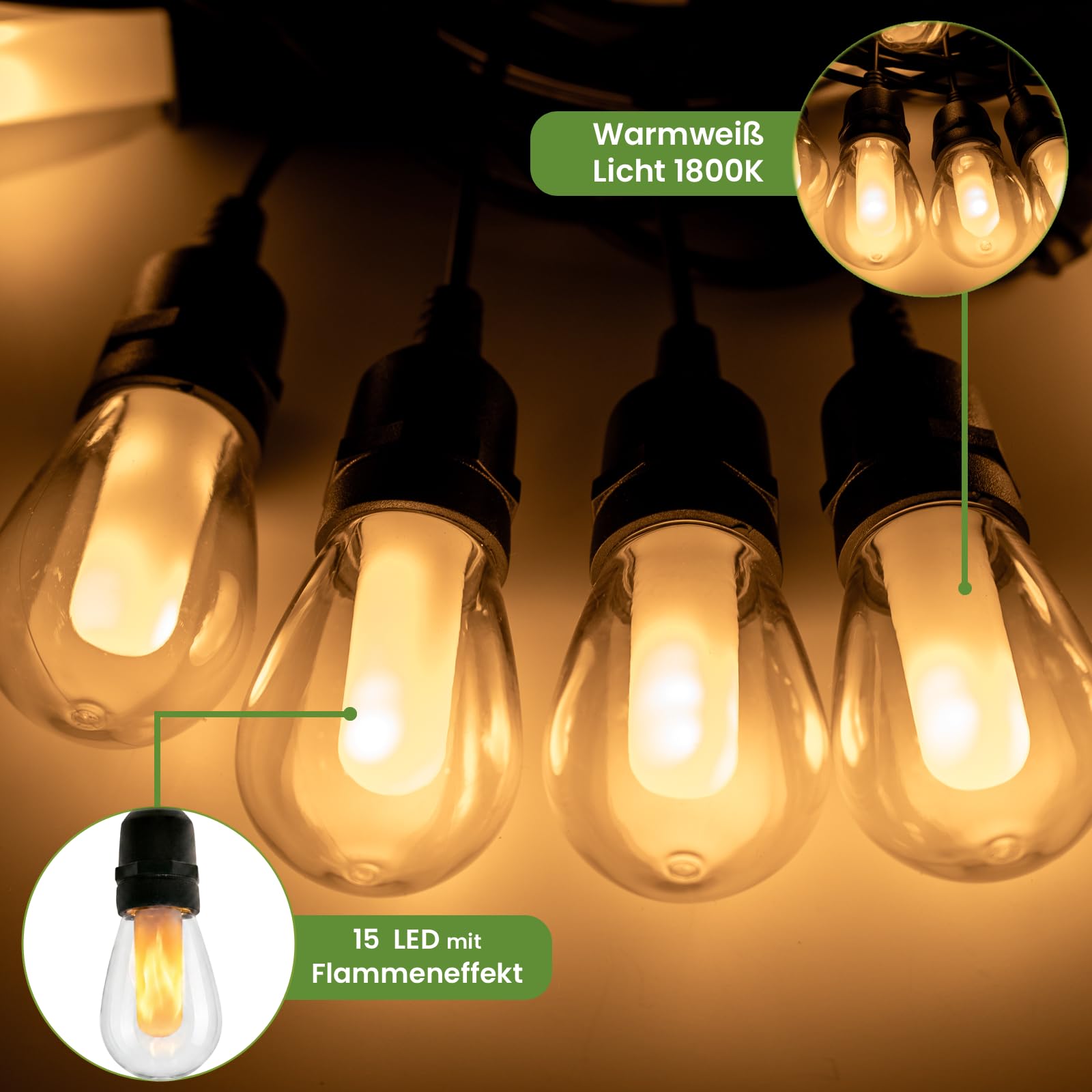 Lumiled Solar Lichterkette Außen Outdoor 15m 15 LED Glühbirnen Flammeneffekt Garten Lichterketten IP65 Wasserdicht 2in1 mit Solarpanel Strom Fernbedienung Beleuchtung Terrasse Balkon Warmweiß Dimmbar
