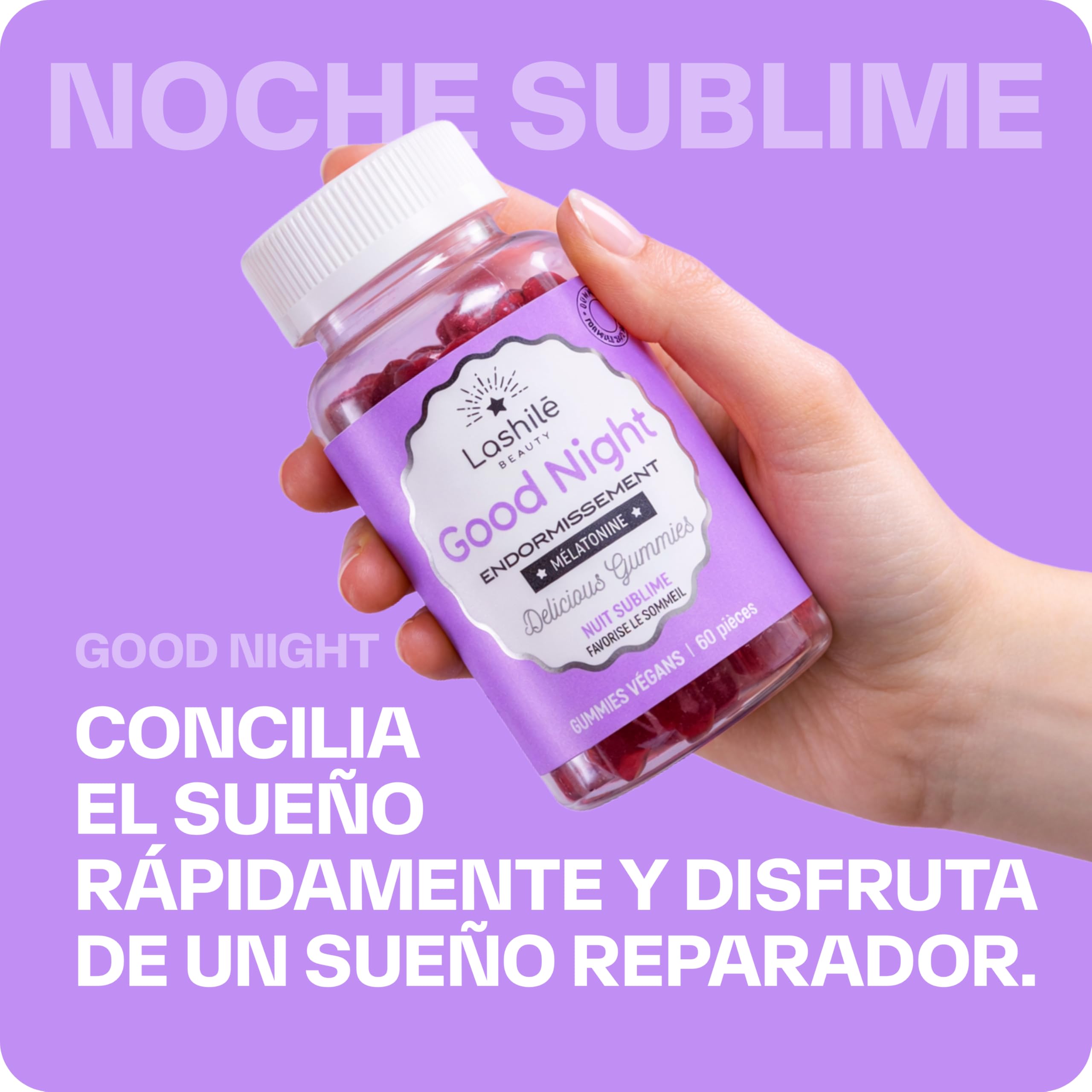 Lashilé Beauty - Complementos Alimenticios - Sueño reparador y conciliación rápida - Good Night Vitamines - Melatonina 1,9 mg, L-Teanina, Vit B6 - Fabricado en Francia - 60 Gummies