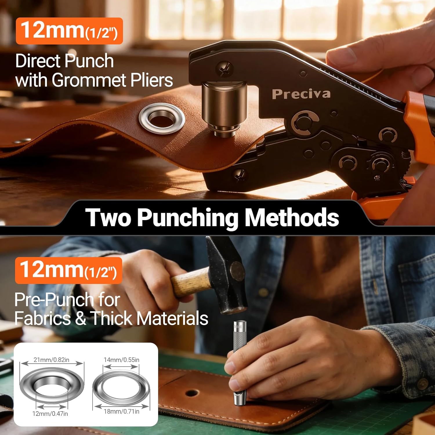 Grommets Tool Kit with 1/2 inch Grommets and Carrying Case,Eyelet Punch Pliers Set, Precision Dies for Canvas, Leather, Tarps, Fabric, and DIY Repairs 130 PCS Each in Silver and Gold
