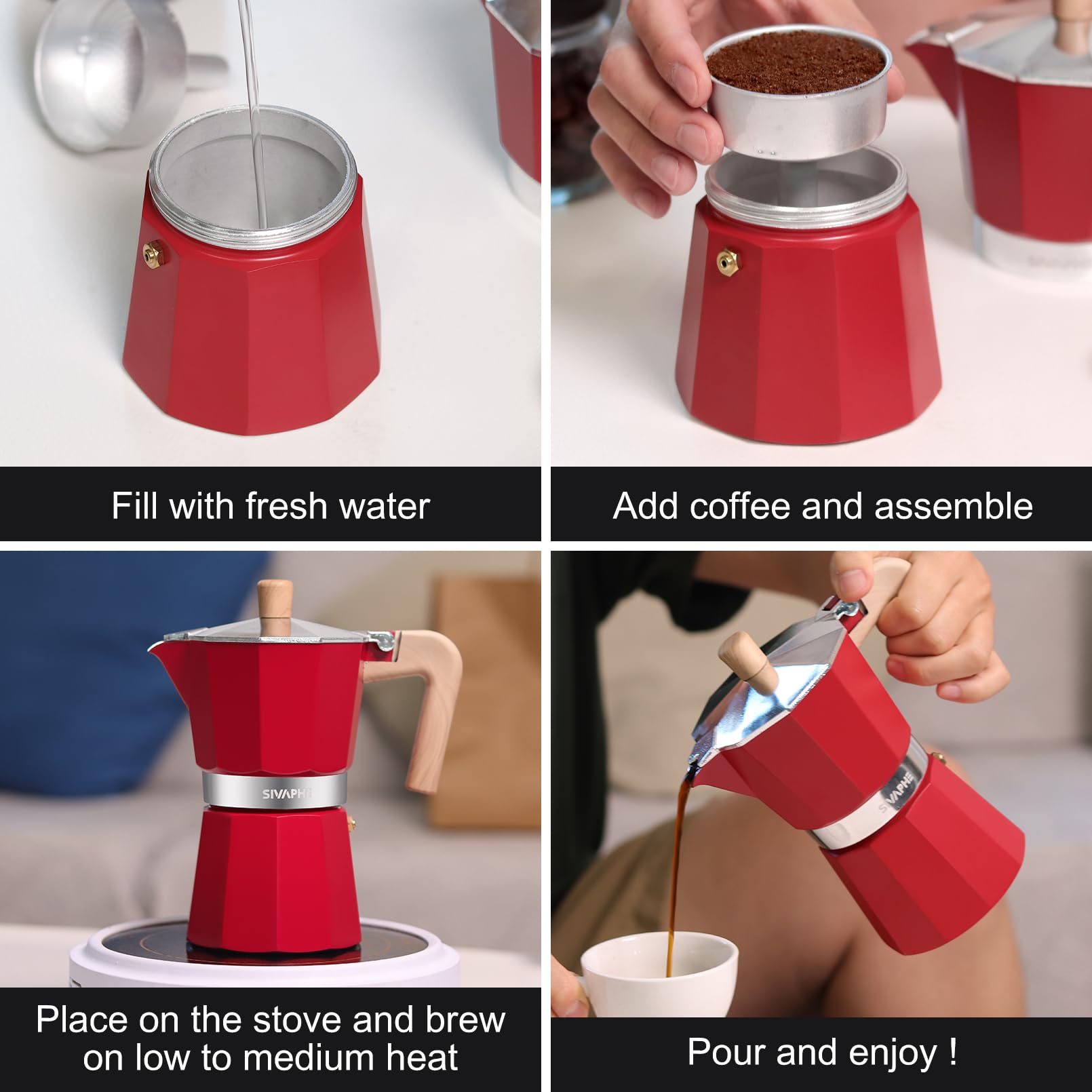 Sivaphe Olla Moka de aluminio con 3 tazas de espresso, cafetera y espresso percoladora, cafetera portátil italiana y cubana para el hogar y camping, color rojo