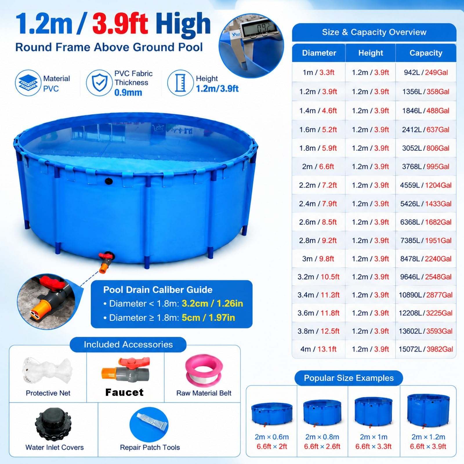 Piscina fuori terra con telaio Piscina Fuori Terra Rotonda Profondità 1.2m 1m 0.8m 0.6m, Set Piscina Rotonda Con Struttura Esterna E Valvola Di Scarico(942L/249GAL - 1X1.2M (D X H))