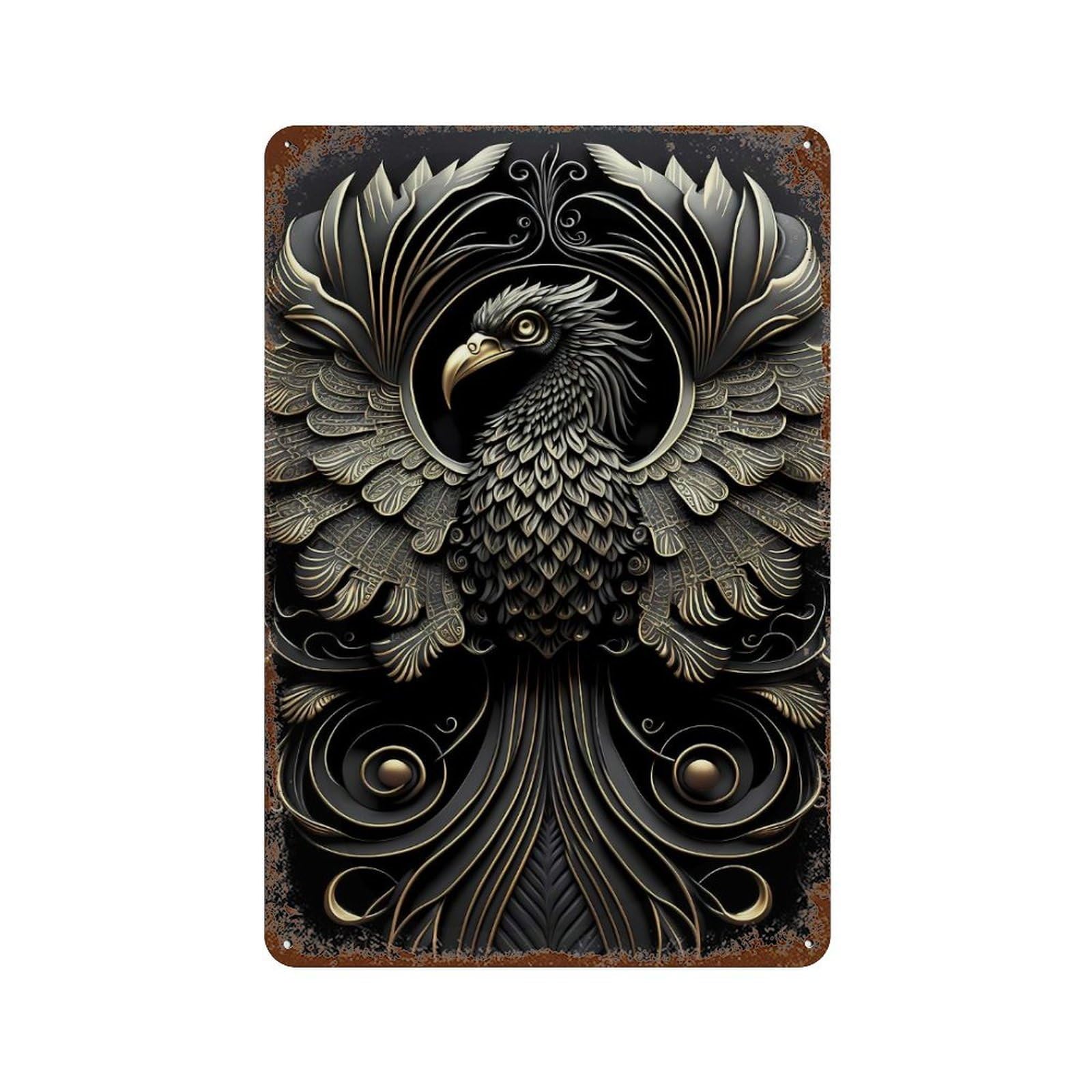 Golden Phoenix Art Deco Rust Effect Tin Sign 11.8"x7.9", Farmhouse Wall Decor for Bistro, Counter And Cafe Decor
