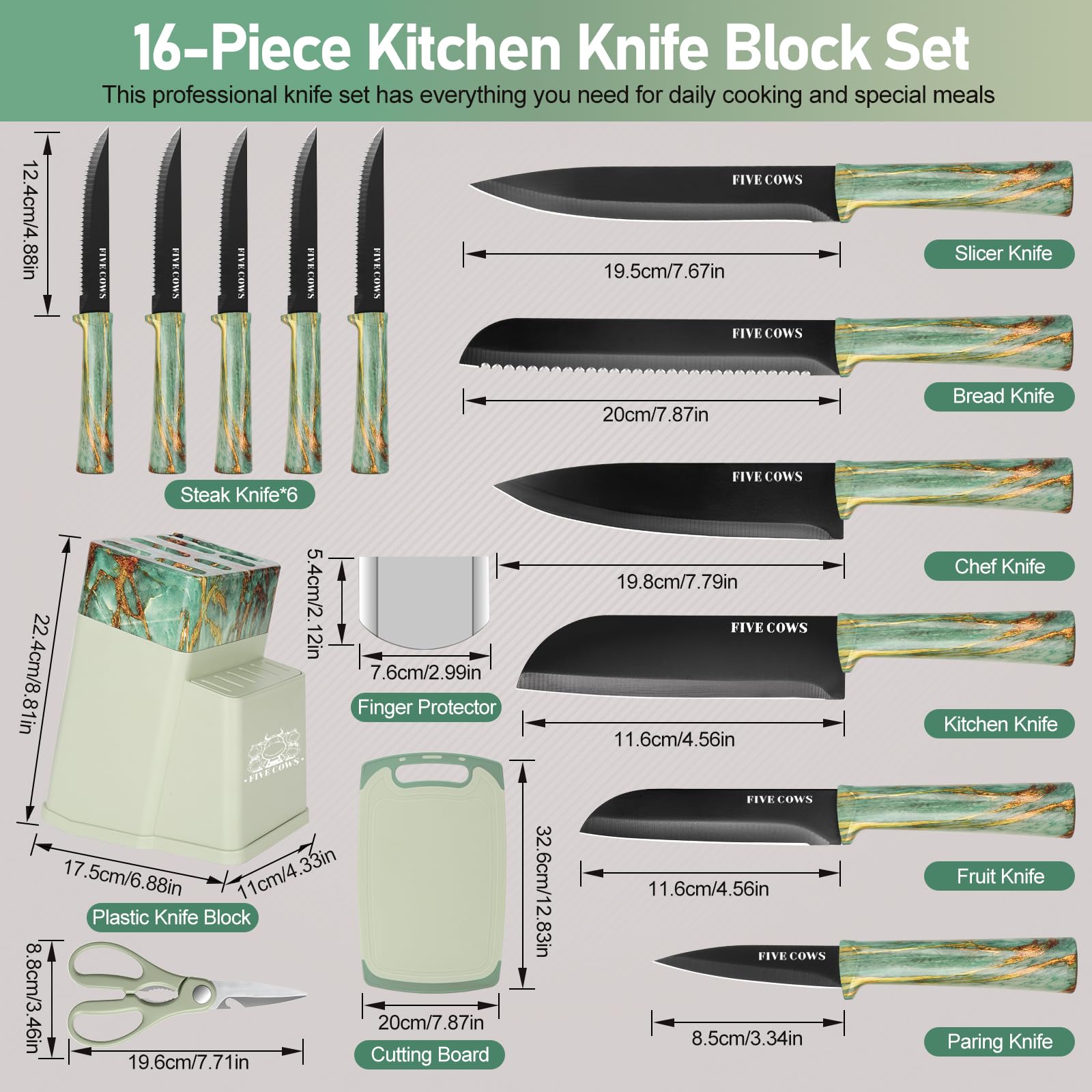 Messerblock mit Messer, mit 16-teilige, Messer Set, mit Schneidebrett, Fingerkuppenschutz, Eingebauter Schärfer und Küchenschere, Profi Küchenmesserset für Den Heimgebrauch (Grün)