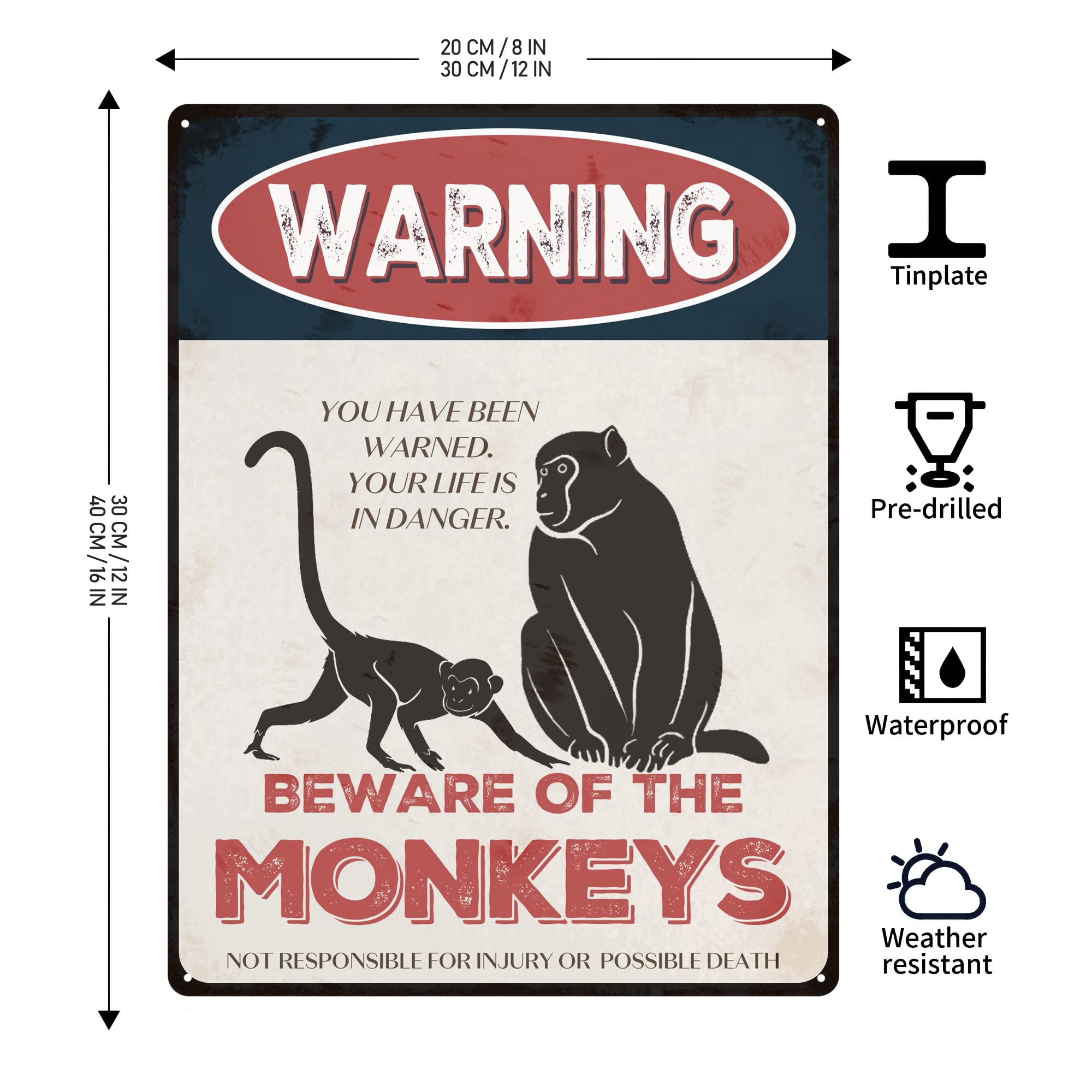 Amazon.com : Beware of Monkeys Sign 12x16 inch Animal Metal Signs