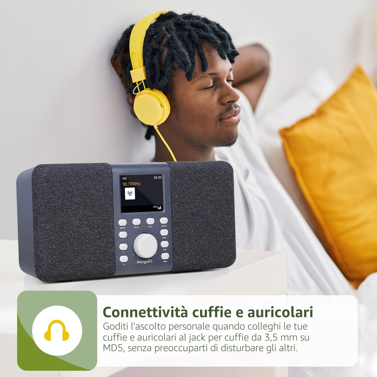 MD5 DAB stereo con altoparlante Bluetooth,digitale DAB+,radio FM da alimentata a rete e a batteria,display a colori,40stazioni preimpostate,sveglia e orologio,Snooze,porta cuffie-grigio scuro