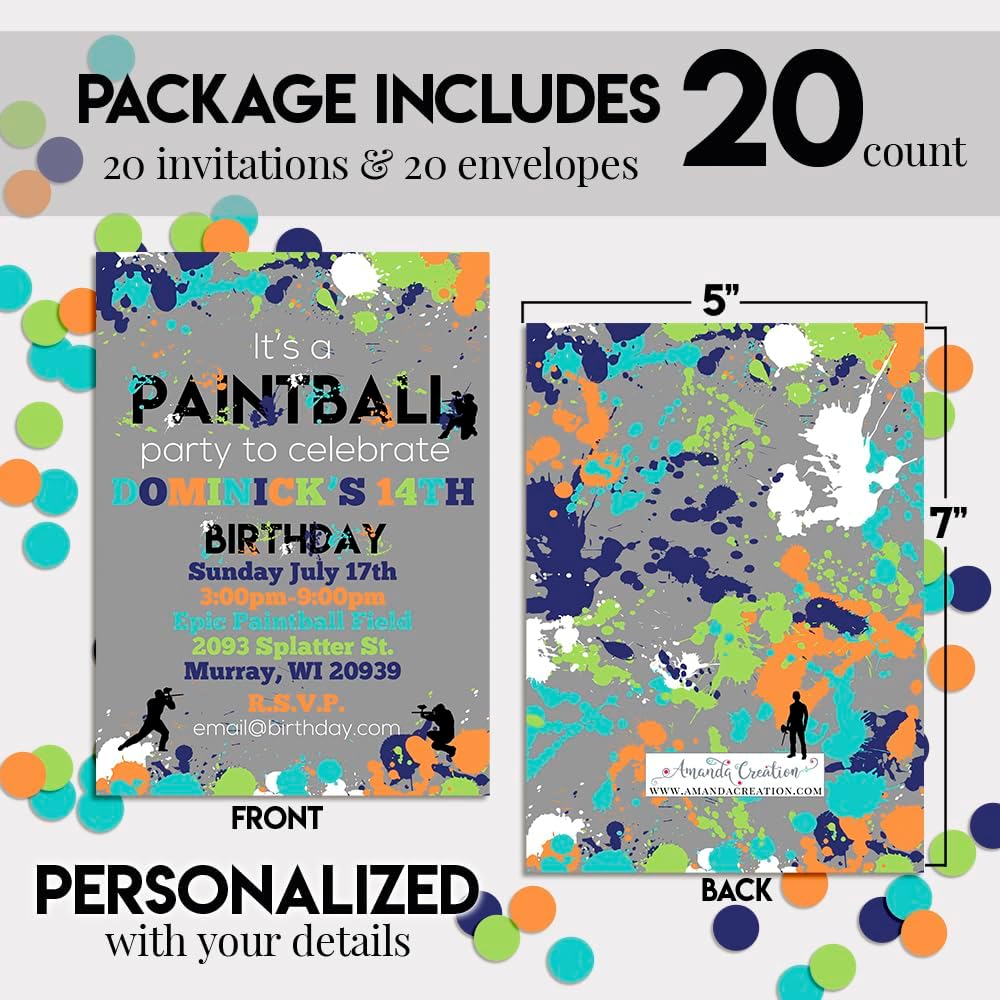 Custom Birthday Invitations Paintball Birthday Invites 20 5x7 Custom Paintball Party Invitation Cards With Envelopes - Unique Paintball Party Invites