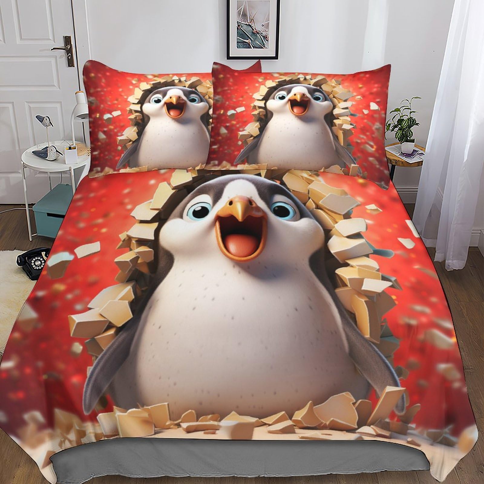 Cartoon Penguin 3D Bedding Set Comforter Cover Soft Microfiber Polar Animals Duvet Cover Easy Care Zipper Closure for Kids Adult Teens Quilt Cover Room Decor Bedclothes Set 3 Pieces King（220x240cm）