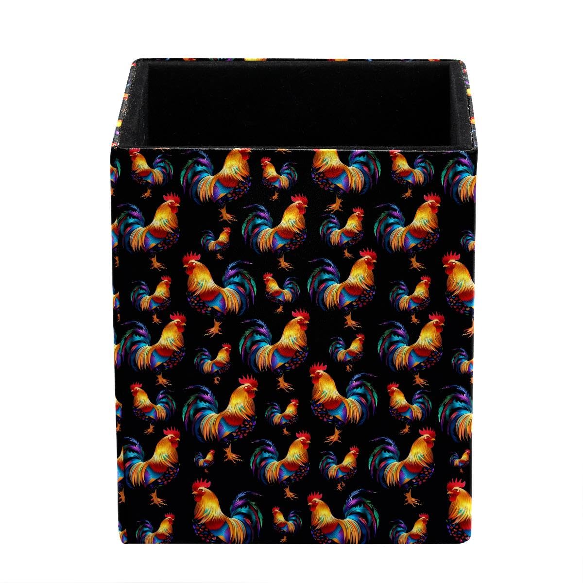 HEOEH Rooster Pen Holder Pen Pot, Square Pencil Cup for Desk