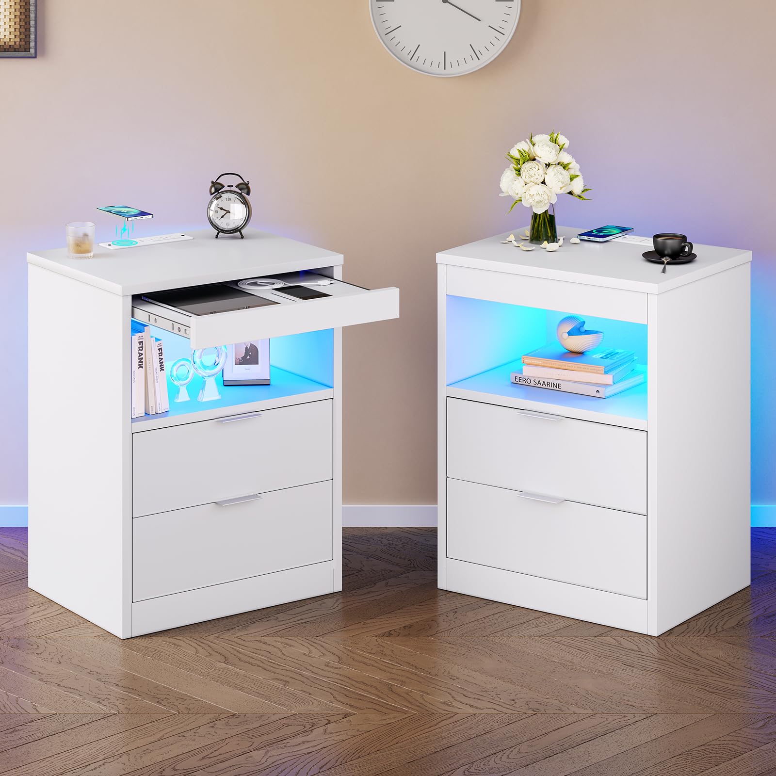 Tiptiper White Nightstand Set of 2, LED Nightstand with Wireless Charging Station, Night Stand with Drawers & Pull-Out Shelf, Modern Bedside Table