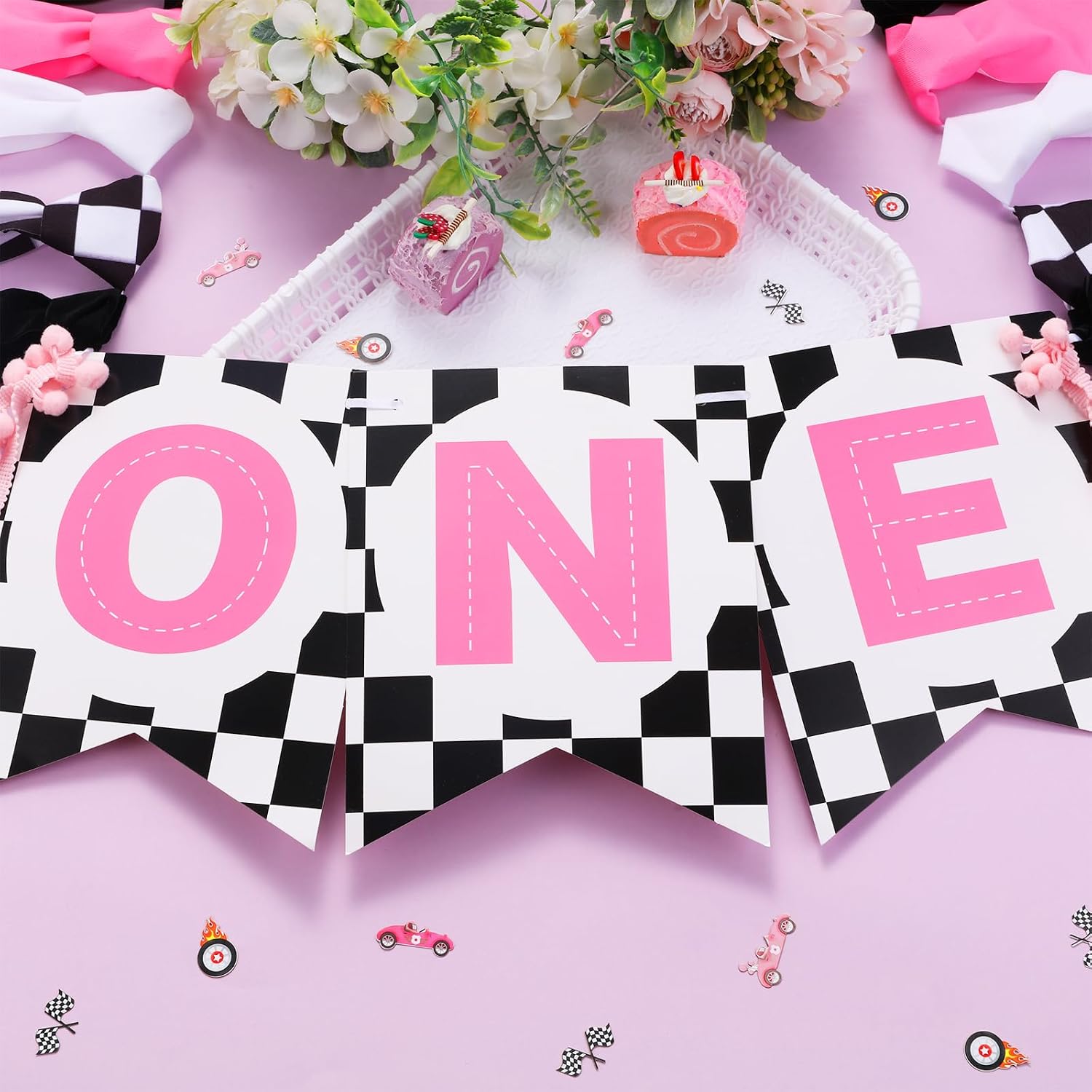 Fast One Birthday High Chair Banner - Pink Black Race Car 1st Birthday Party Decorations, Girl, One Year Old Baby Photo Props Souvenir Gifts, Racing Car Party Supplies