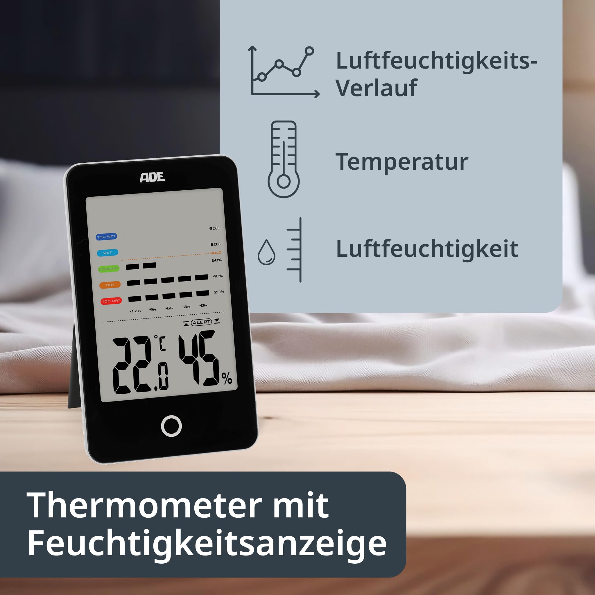 ADE Digitales Hygrometer innen mit Schimmelalarm | Feuchtigkeitsmessgerät mit Thermometer | Temperatur und Luftfeuchtigkeitsmesser | großes LCD-Display | Doppelpack | schwarz