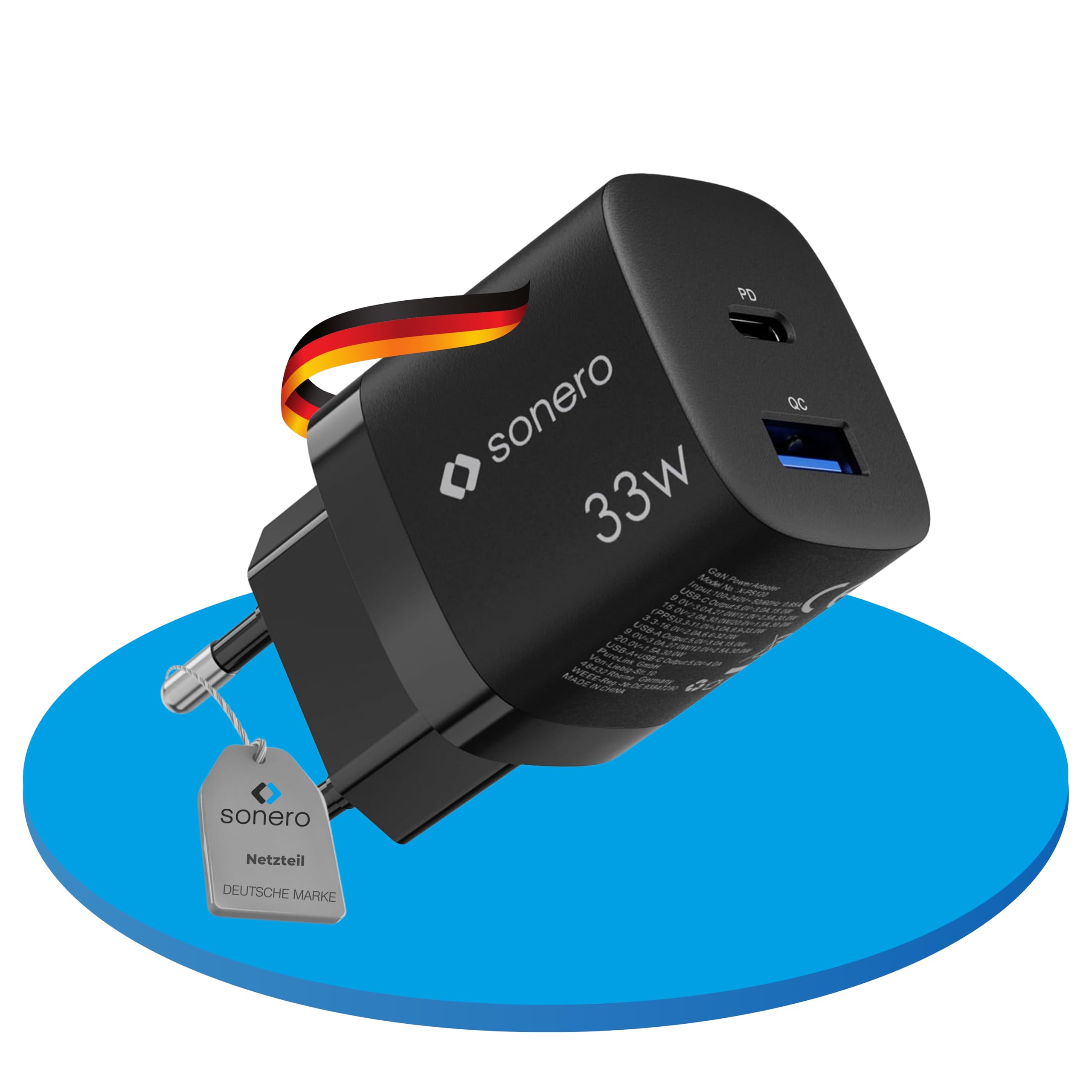 Sonero USB C Ladegerät, 33 Watt Schnellladegerät, kompatibel mit iPhone 15, Samsung, Tablet und Laptop, GaN QC PD Charge