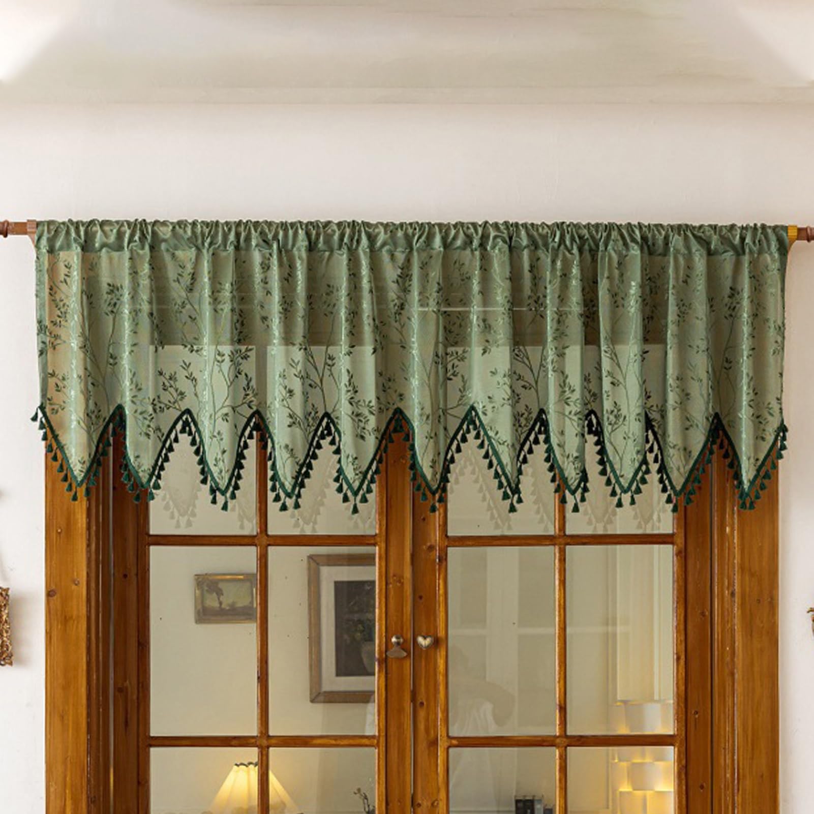 Yaohy Green Lace Triangle Sheer Kitchen Curtains, Tassel Valance Curtain