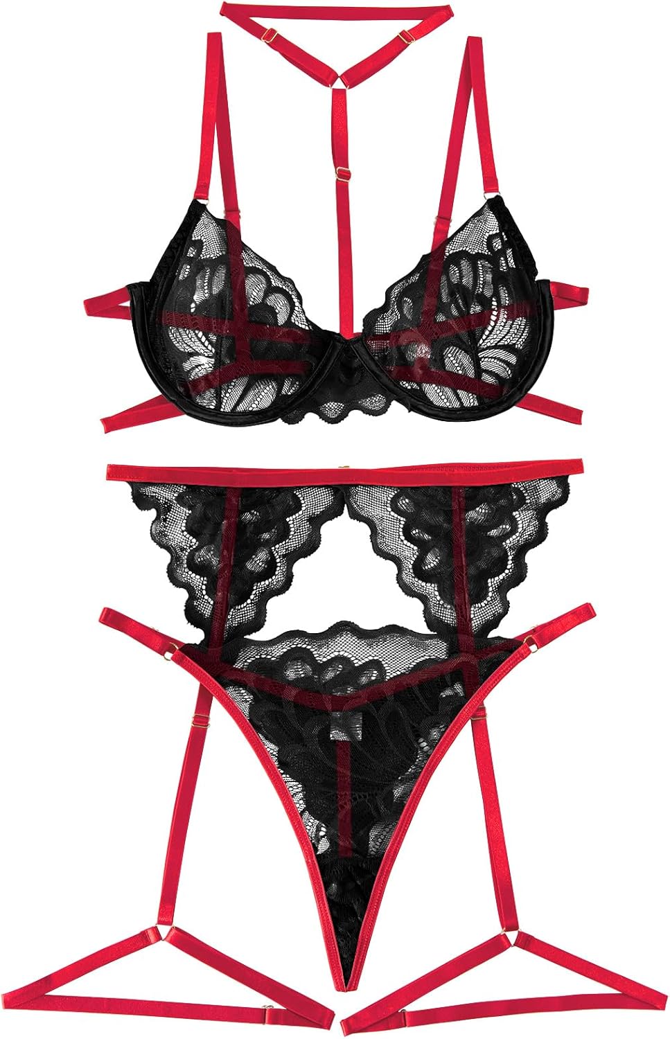 Lilosy Sexy Choker Floral Lace Scallop Sheer Underwire Push Up Garter Belt Lingerie Set 3 Piece - Image 2