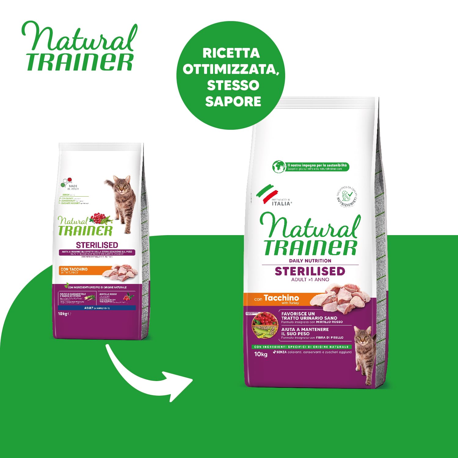 Trainer Natural Cat Sterilised Adult con Carne Blanca y Fibra de Guisante, 10 kg, 10000 g