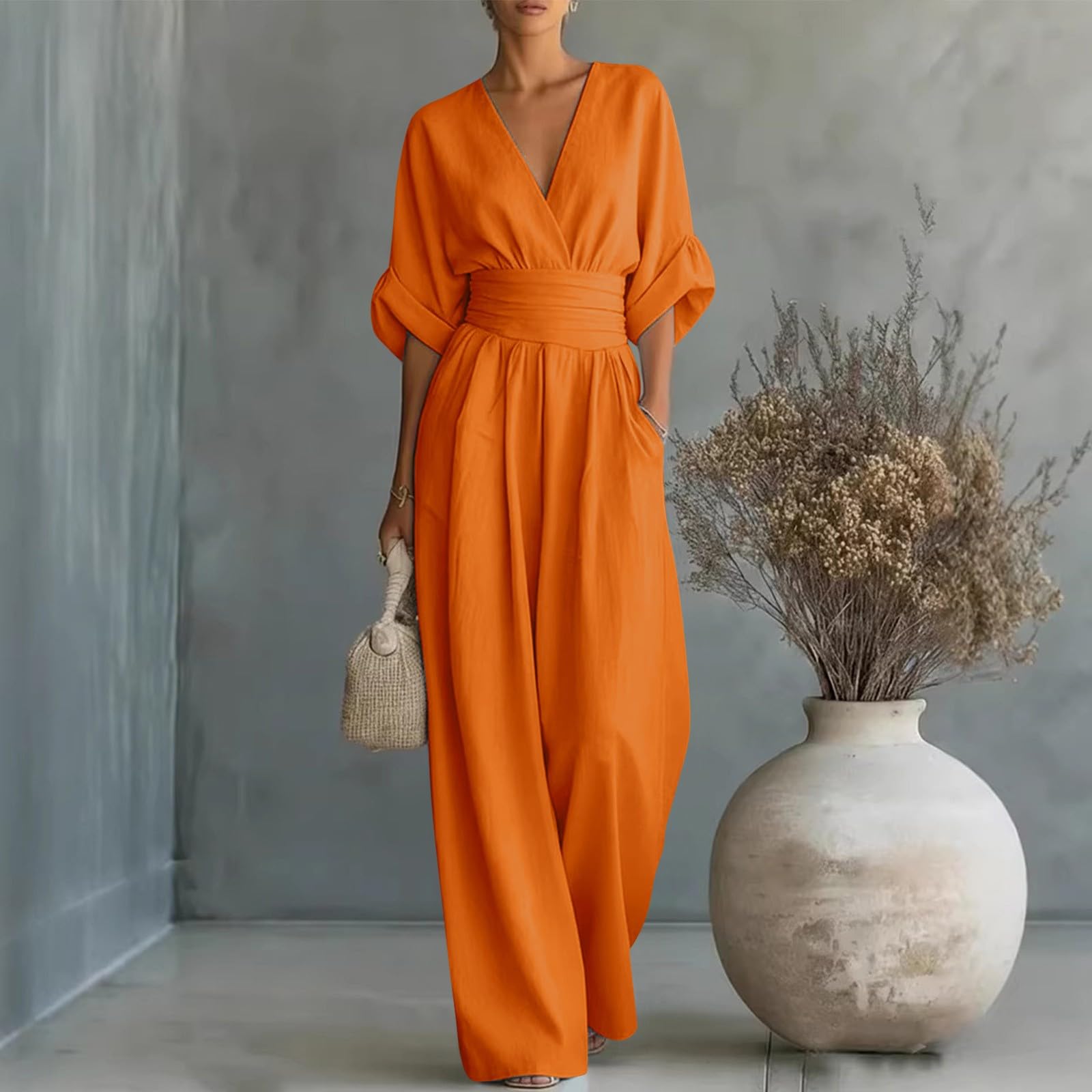 Generisch Tuta da donna elegante, taglie grandi, tuta intera a mezza manica con scollo a V, tuta sciancrata, tuta lunga a gamba larga, tinta unita, tuta intera in mussola per matrimoni e feste