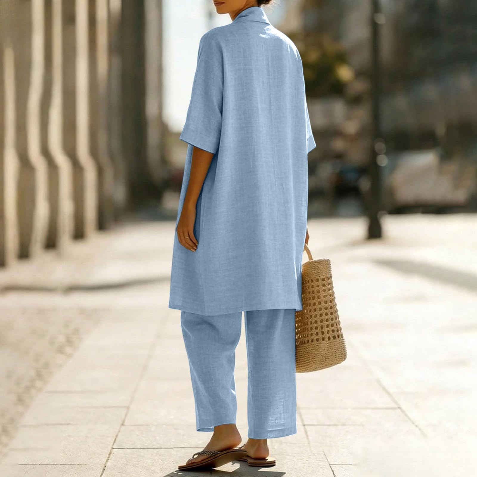 Générique Ensemble Femme Chic Élégant 3 Pièces en Lin Haut Assorti à Manches Courtes Haut Sans Manches Pantalon Palazzo Taille Haute à Jambes Larges Tenue d'Été Décontractée Grande Taille