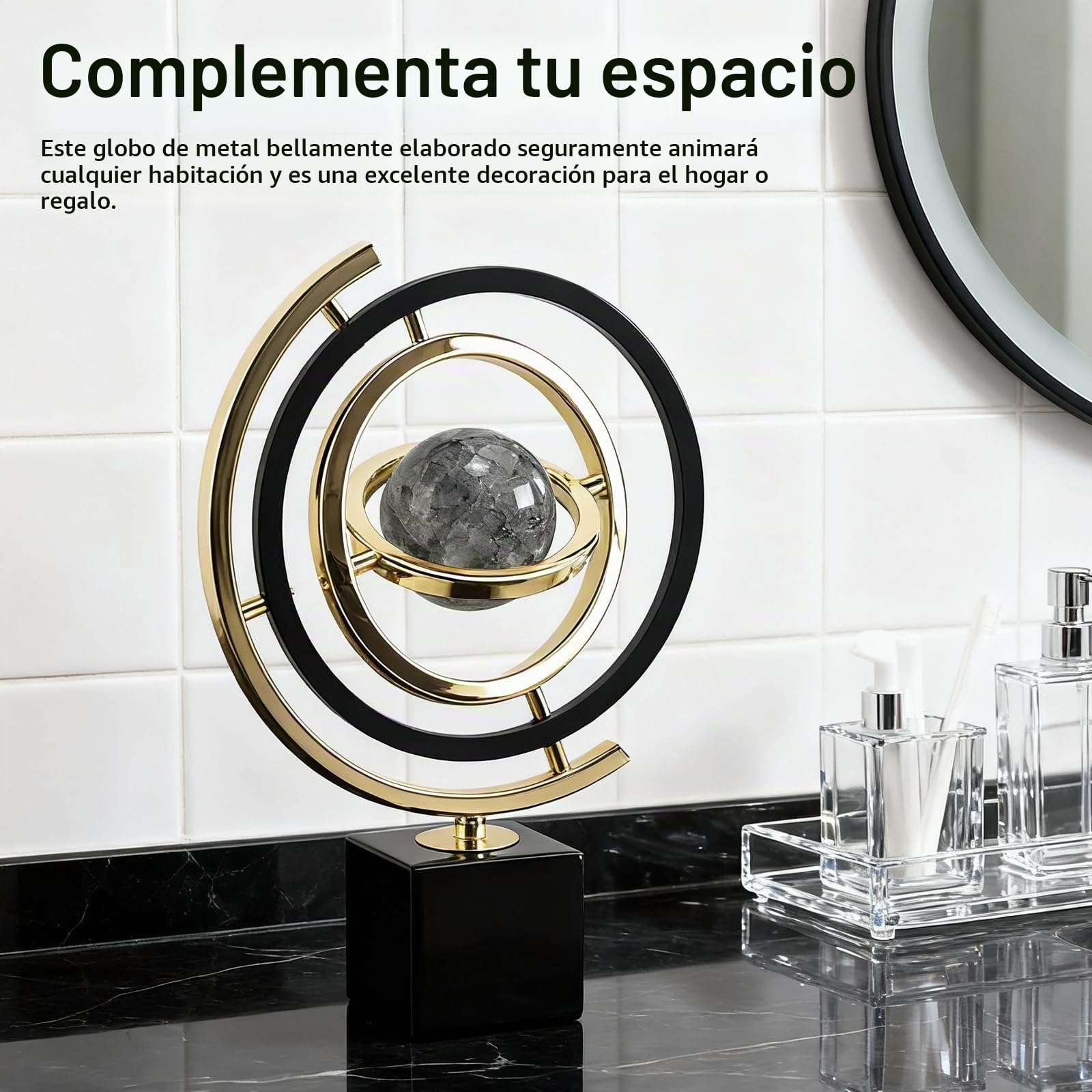Decoración de Escultura Moderna, Decoración de Escultura de Arte Abstracto, Globo Terráqueo Giratorio de Metal con Soporte, Estatua Decorativa para Escritorio, Estantería y Sala de Estar