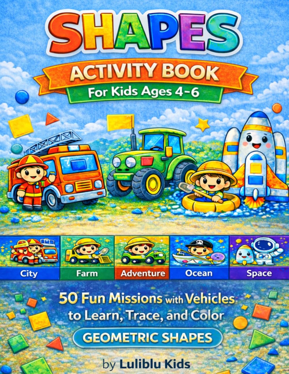 Shapes Activity Book for Kids Ages 4–6: 50 Fun Missions with Vehicles to Learn, Trace and Color Geometric Shapes