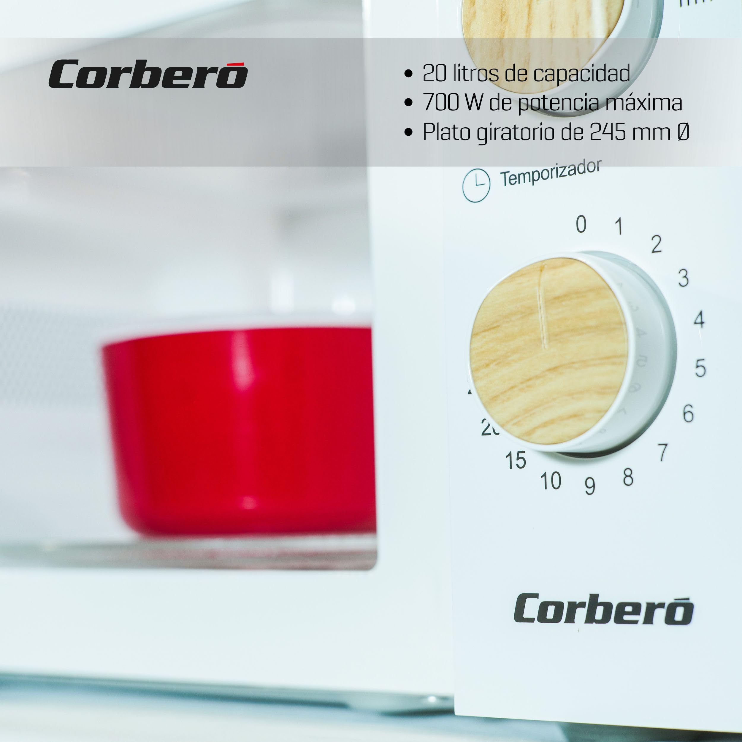 Corberó - Microondas | CMICG270WOODN | 20L | Potencia 700W | Descongelar y Calentar | Control Mecánico 5 Niveles | Temporizador 30 Min | Plato Giratorio 245mm | Blanco